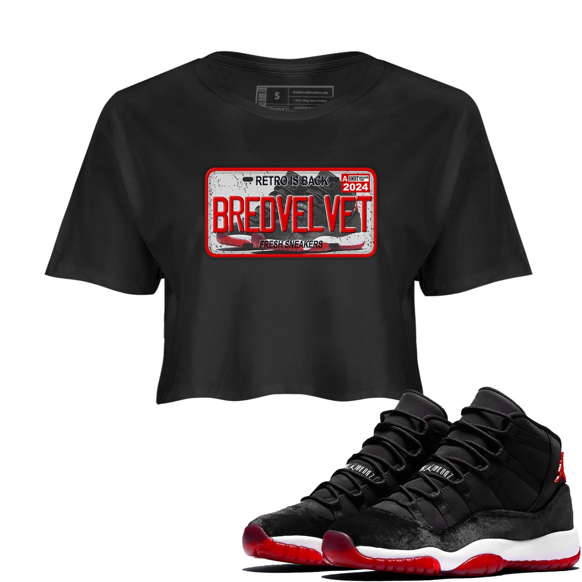 11s Bred Velvet shirts to match jordans Sneaker Plate sneaker match tees Air Jordan 11 Bred Velvet SNRT Sneaker Release Tees unisex cotton Black 1 Crop Shirts