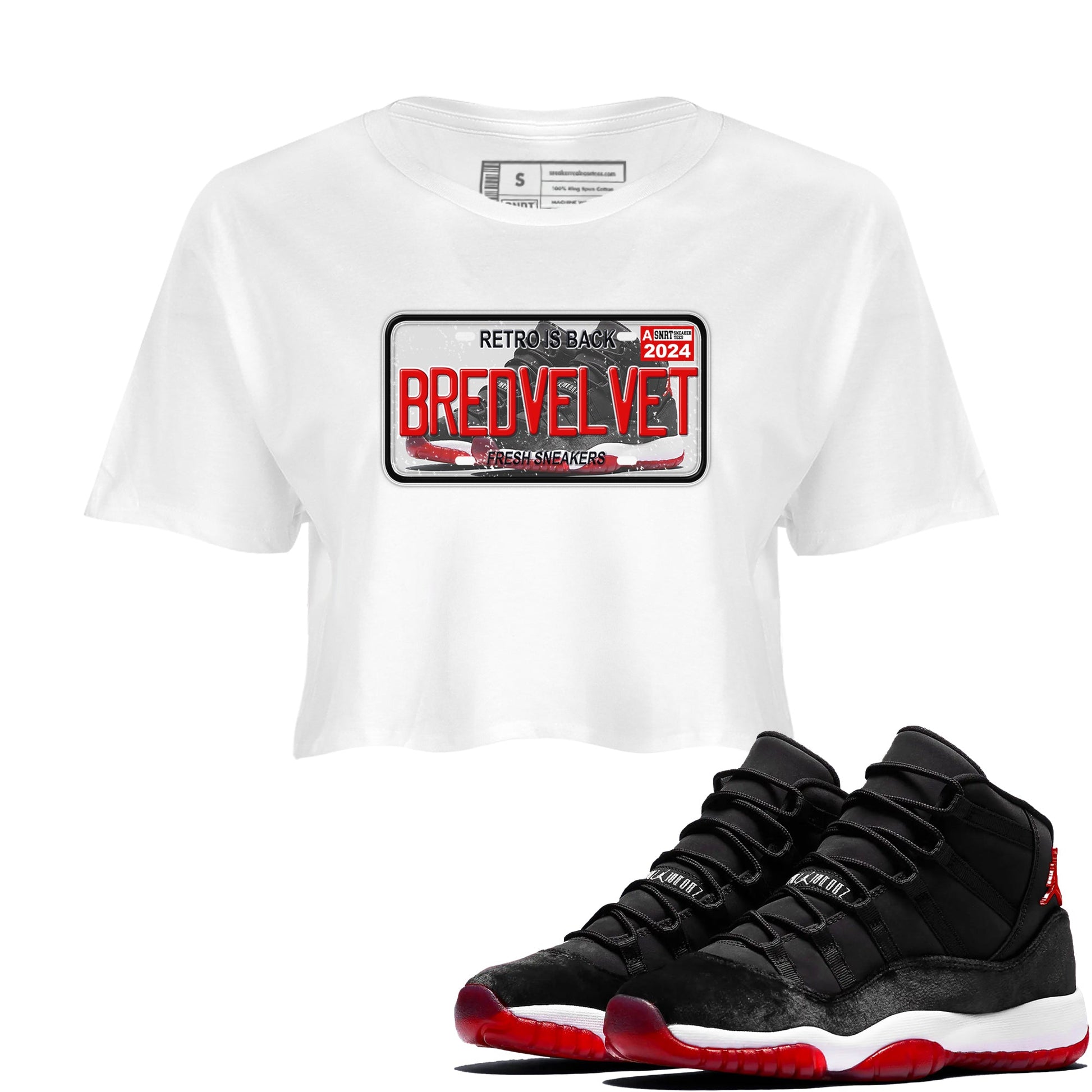 11s Bred Velvet shirts to match jordans Sneaker Plate sneaker match tees Air Jordan 11 Bred Velvet SNRT Sneaker Release Tees unisex cotton White 1 Crop Shirts