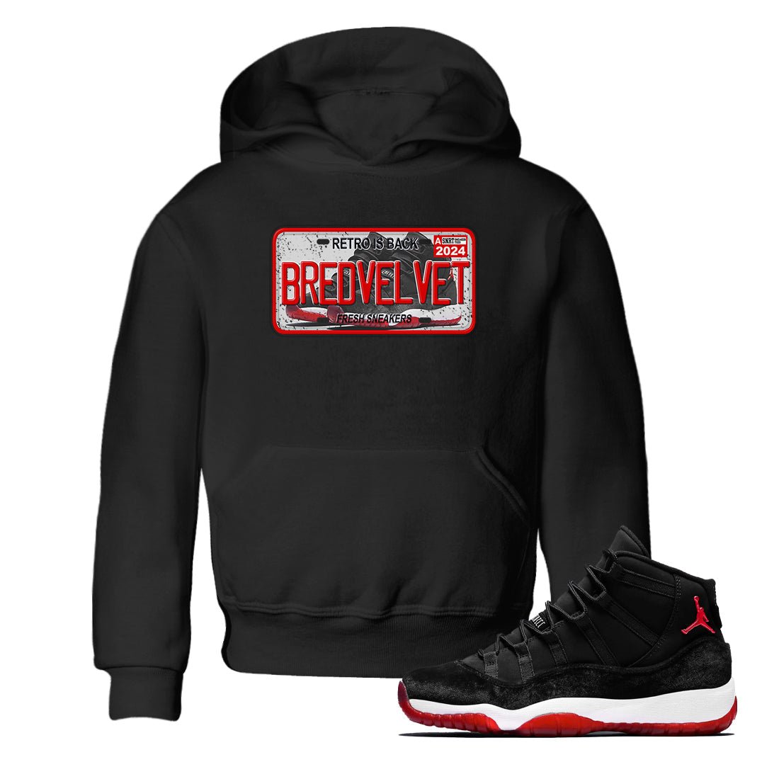 11s Bred Velvet shirts to match jordans Sneaker Plate sneaker match tees Air Jordan 11 Bred Velvet SNRT Sneaker Release Tees Youth Baby Black 1 crew neck shirts
