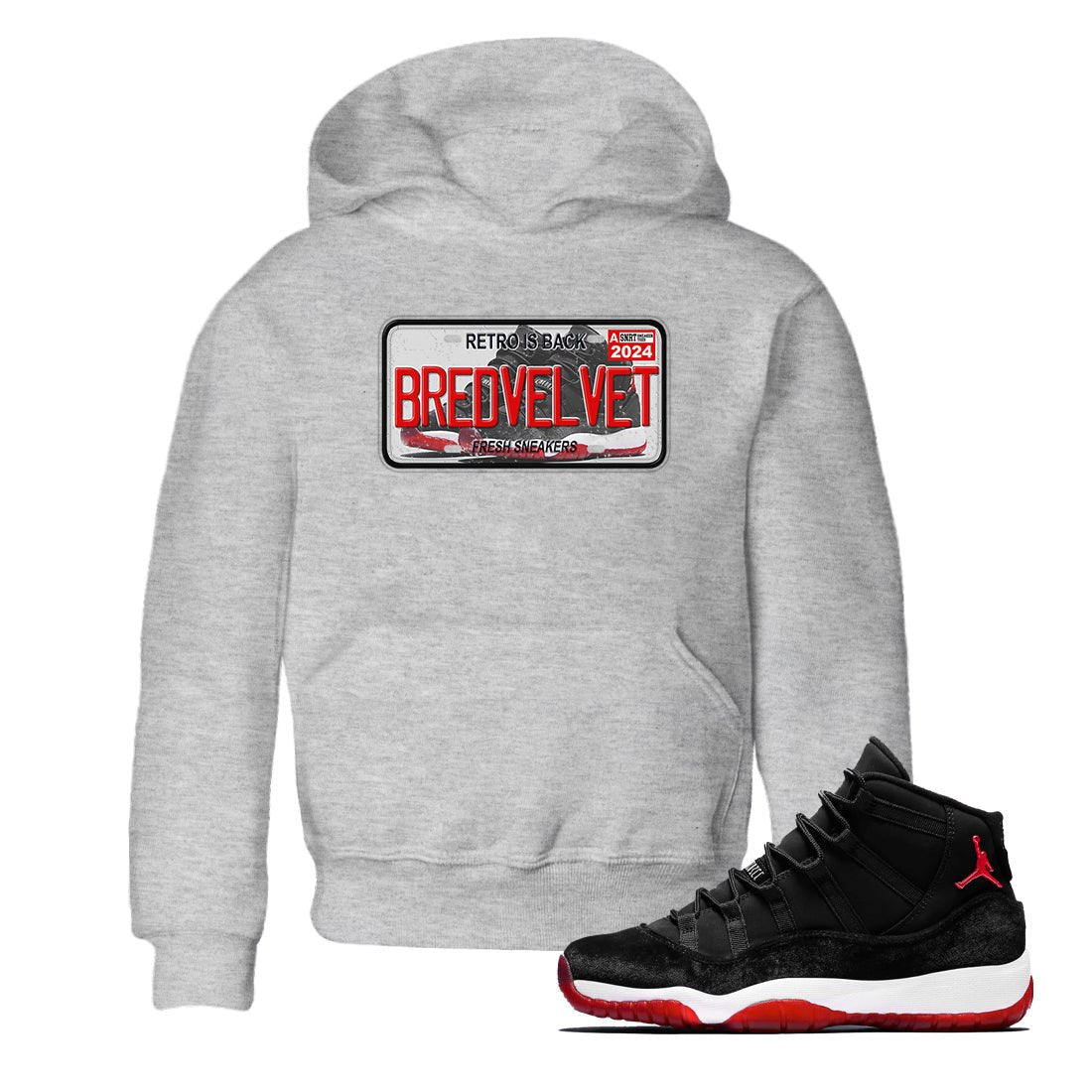 11s Bred Velvet shirts to match jordans Sneaker Plate sneaker match tees Air Jordan 11 Bred Velvet SNRT Sneaker Release Tees Youth Baby Heather Grey 1 crew neck shirts