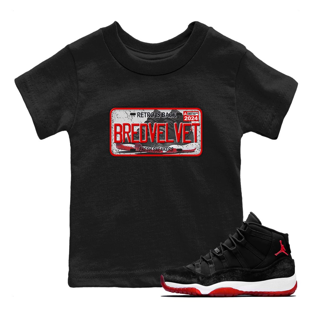 11s Bred Velvet shirts to match jordans Sneaker Plate sneaker match tees Air Jordan 11 Bred Velvet SNRT Sneaker Release Tees Youth Baby Black 1 crew neck shirts