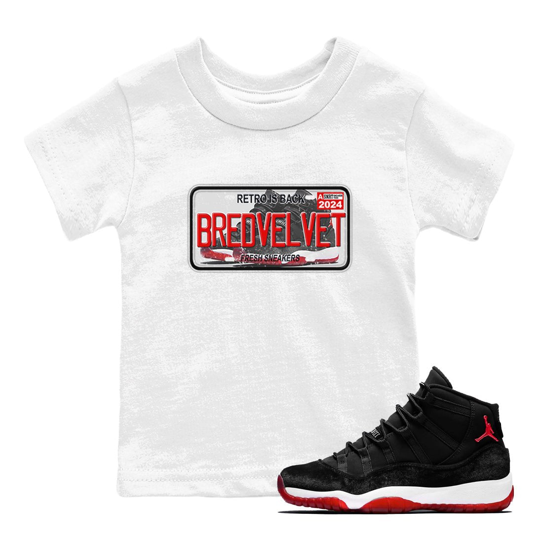 11s Bred Velvet shirts to match jordans Sneaker Plate sneaker match tees Air Jordan 11 Bred Velvet SNRT Sneaker Release Tees Youth Baby White 1 crew neck shirts