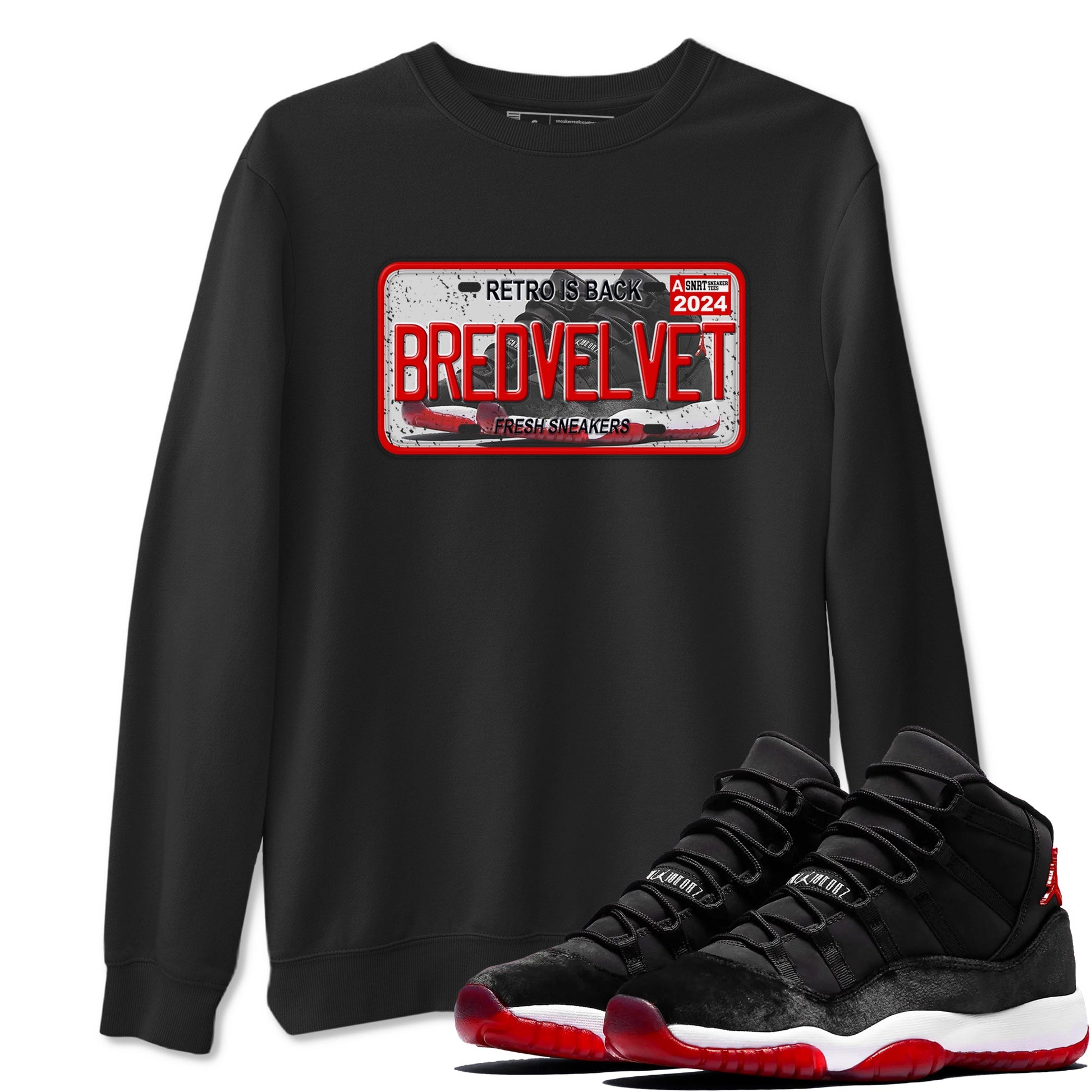 11s Bred Velvet shirts to match jordans Sneaker Plate sneaker match tees Air Jordan 11 Bred Velvet SNRT Sneaker Release Tees unisex cotton Black 1 crew neck shirts