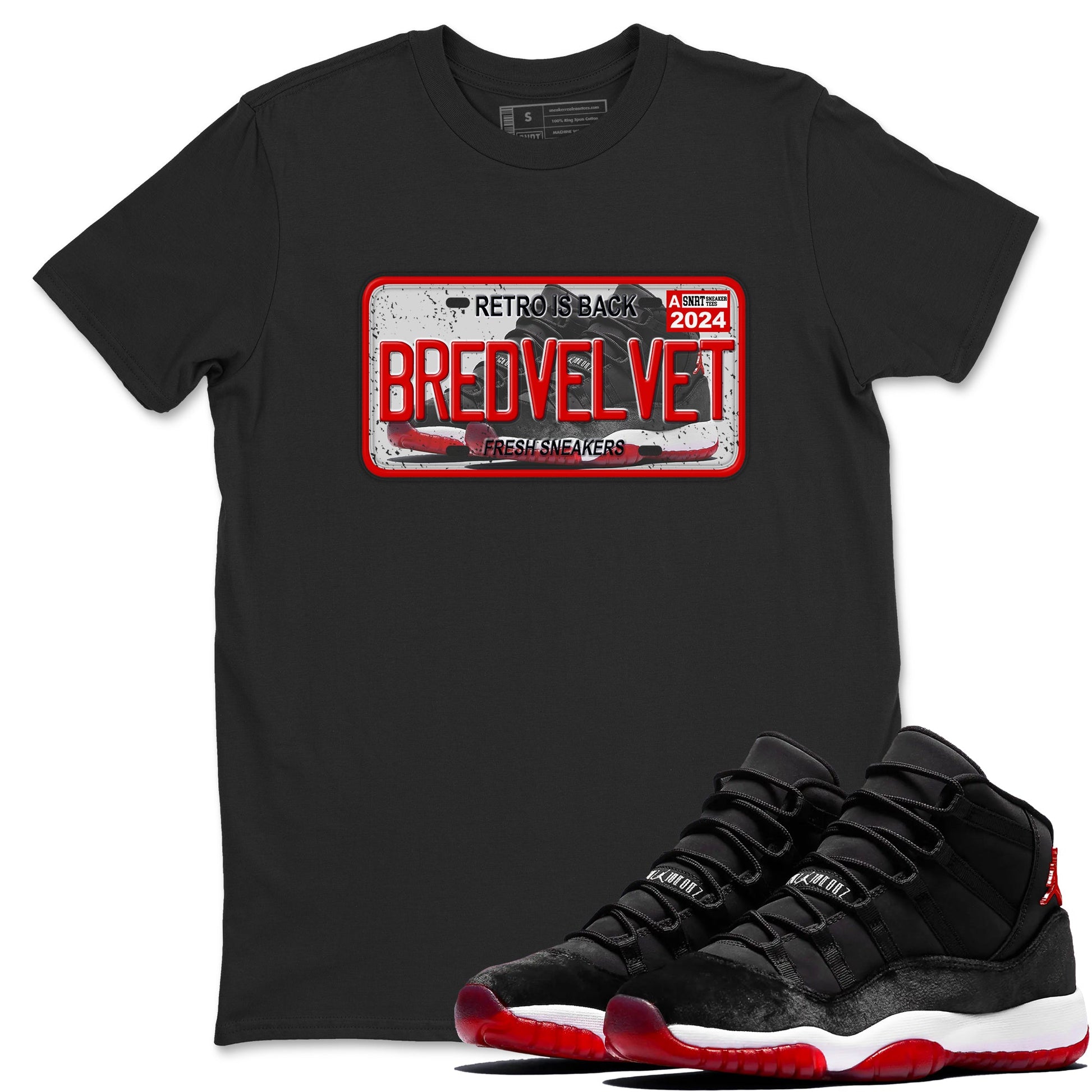 11s Bred Velvet shirts to match jordans Sneaker Plate sneaker match tees Air Jordan 11 Bred Velvet SNRT Sneaker Release Tees unisex cotton Black 1 crew neck shirts