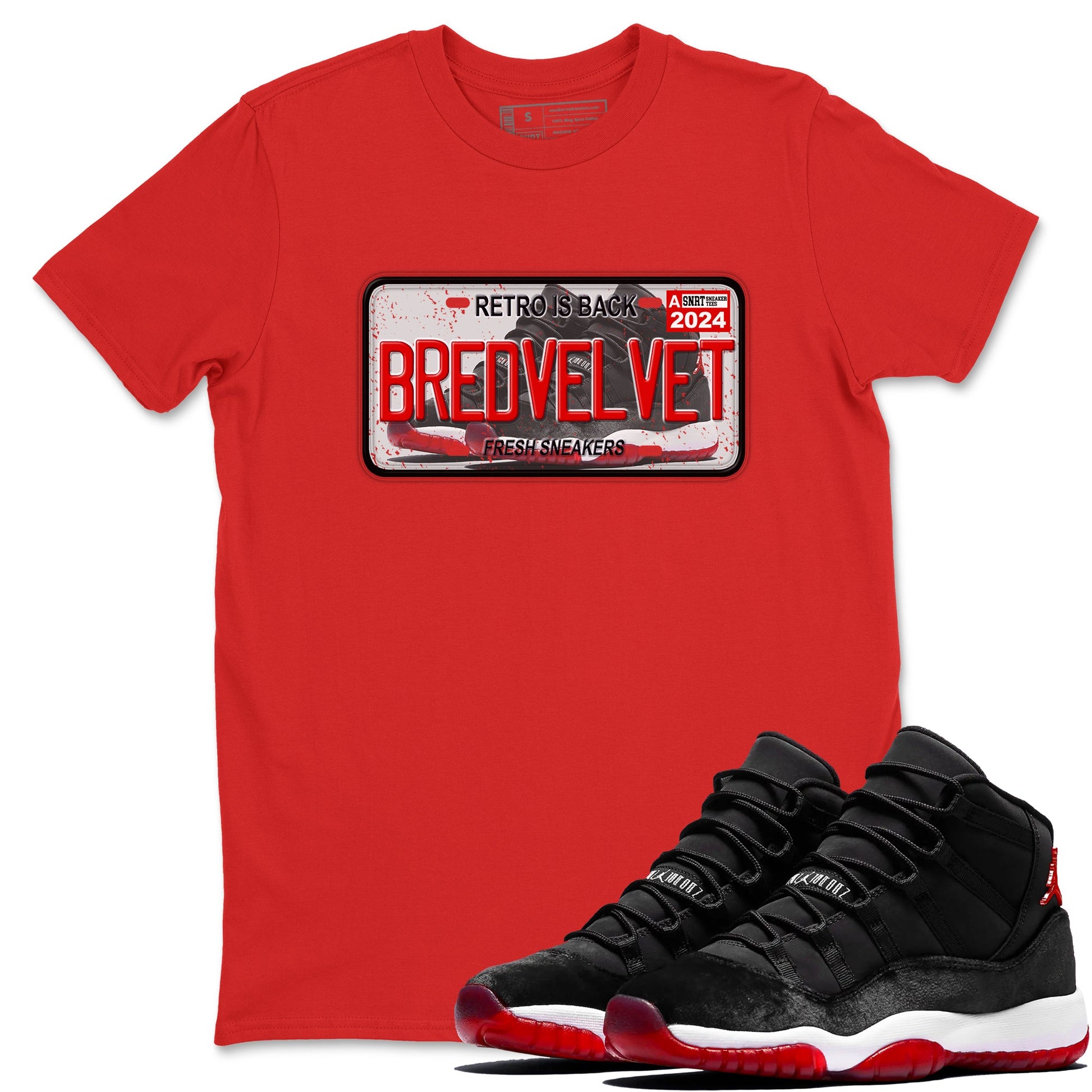 11s Bred Velvet shirts to match jordans Sneaker Plate sneaker match tees Air Jordan 11 Bred Velvet SNRT Sneaker Release Tees unisex cotton Red 1 crew neck shirts