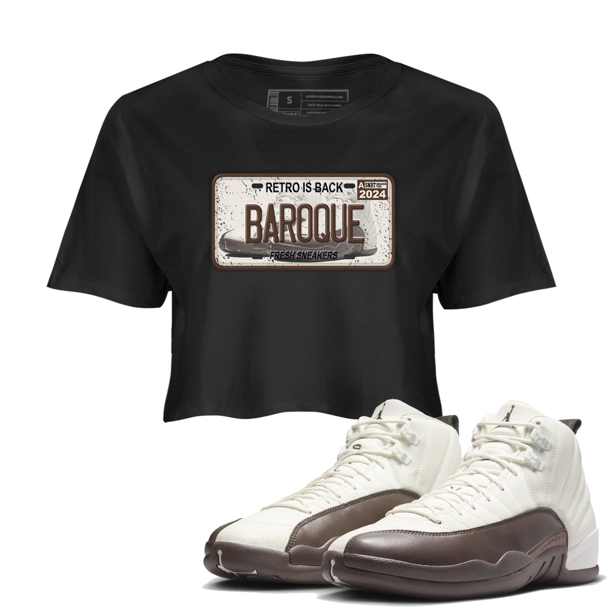 AJ12 Baroque Brown shirts to match jordans Sneaker Plate best t shirts to wear with jordans SoleFly x Jordan 12 Baroque Brown match shoes to clothes SNRT Sneaker Tees unisex cotton Black 1 crop tee