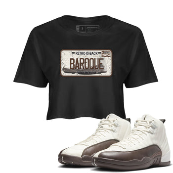 AJ12 Baroque Brown shirts to match jordans Sneaker Plate best t shirts to wear with jordans SoleFly x Jordan 12 Baroque Brown match shoes to clothes SNRT Sneaker Tees unisex cotton Black 1 crop tee