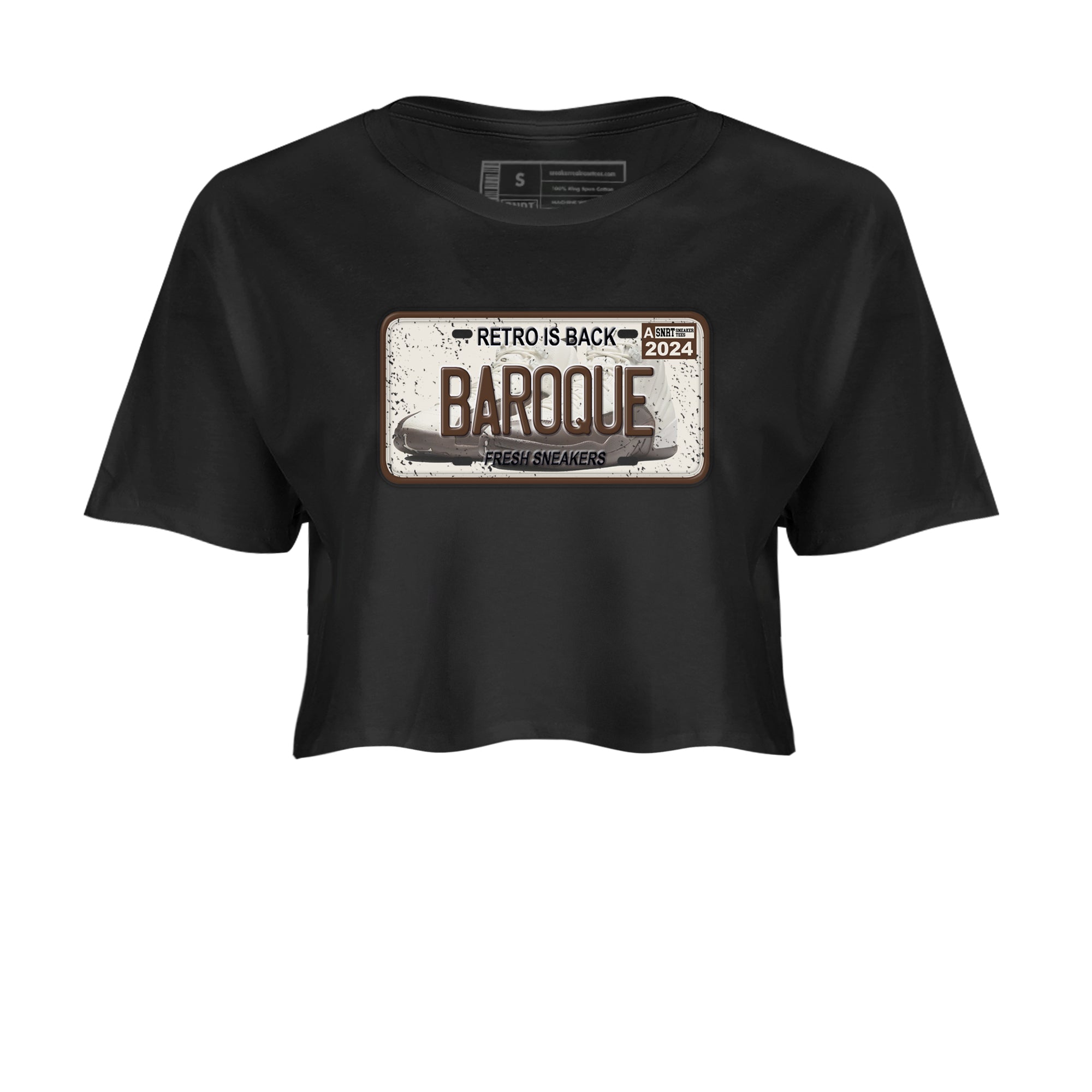 AJ12 Baroque Brown shirts to match jordans Sneaker Plate best t shirts to wear with jordans SoleFly x Jordan 12 Baroque Brown match shoes to clothes SNRT Sneaker Tees unisex cotton Black 2 crop tee