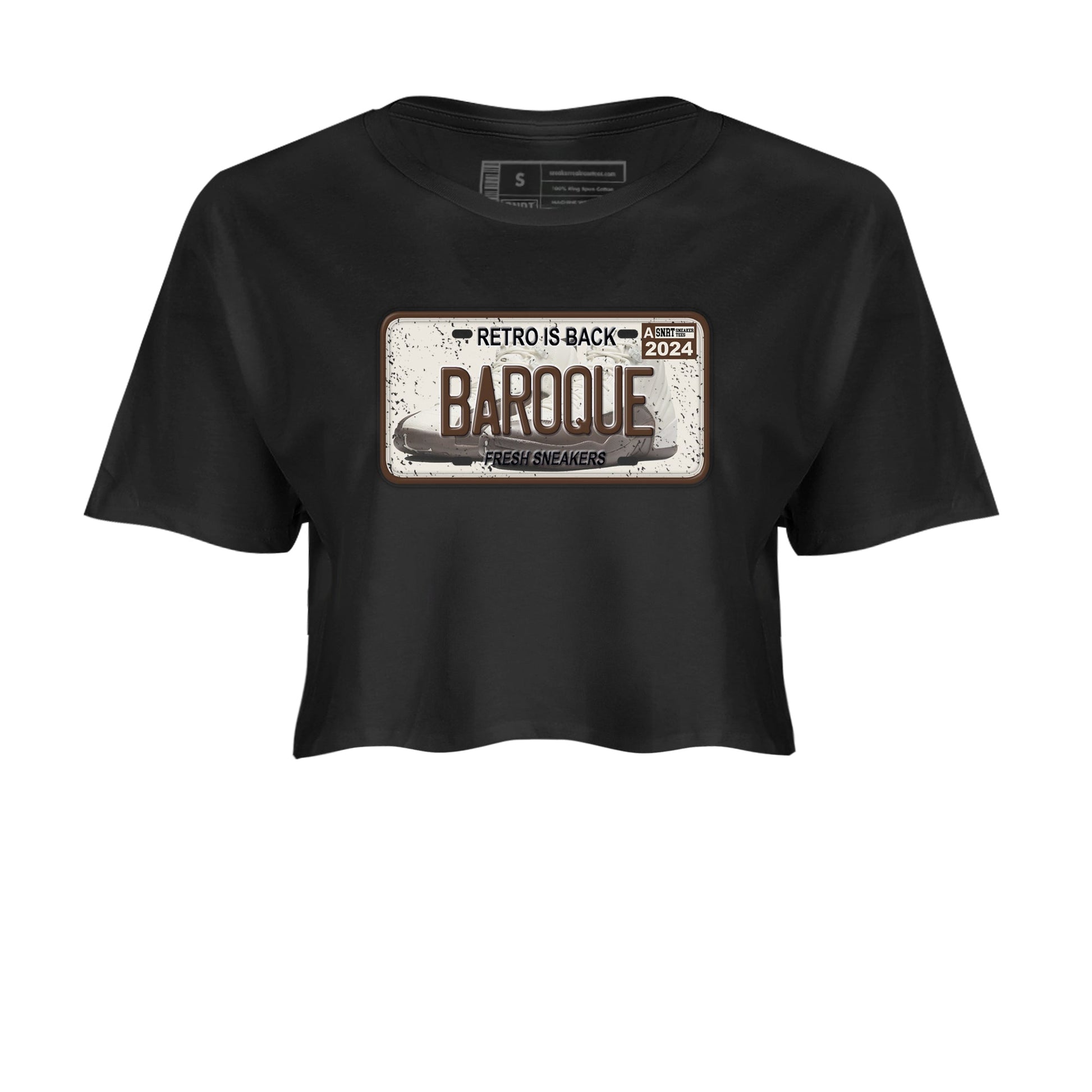 AJ12 Baroque Brown shirts to match jordans Sneaker Plate best t shirts to wear with jordans SoleFly x Jordan 12 Baroque Brown match shoes to clothes SNRT Sneaker Tees unisex cotton Black 2 crop tee