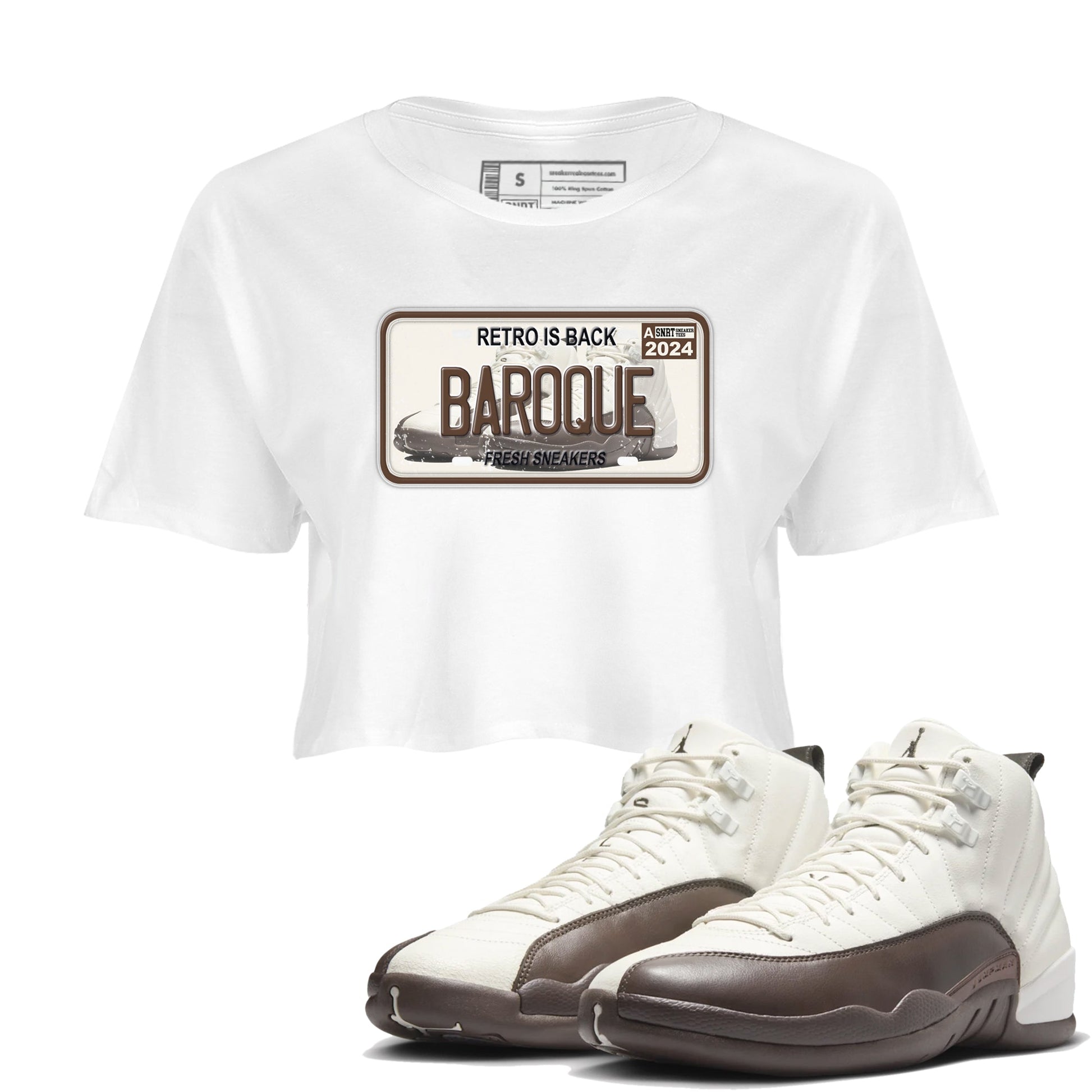 AJ12 Baroque Brown shirts to match jordans Sneaker Plate best t shirts to wear with jordans SoleFly x Jordan 12 Baroque Brown match shoes to clothes SNRT Sneaker Tees unisex cotton White 1 crop tee