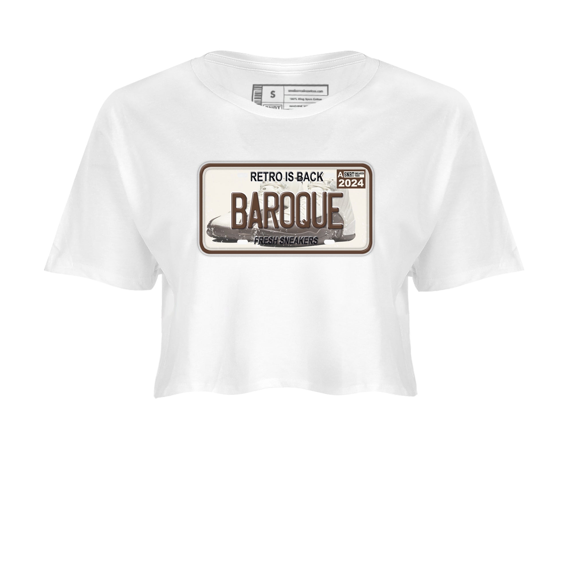 AJ12 Baroque Brown shirts to match jordans Sneaker Plate best t shirts to wear with jordans SoleFly x Jordan 12 Baroque Brown match shoes to clothes SNRT Sneaker Tees unisex cotton White 2 crop tee
