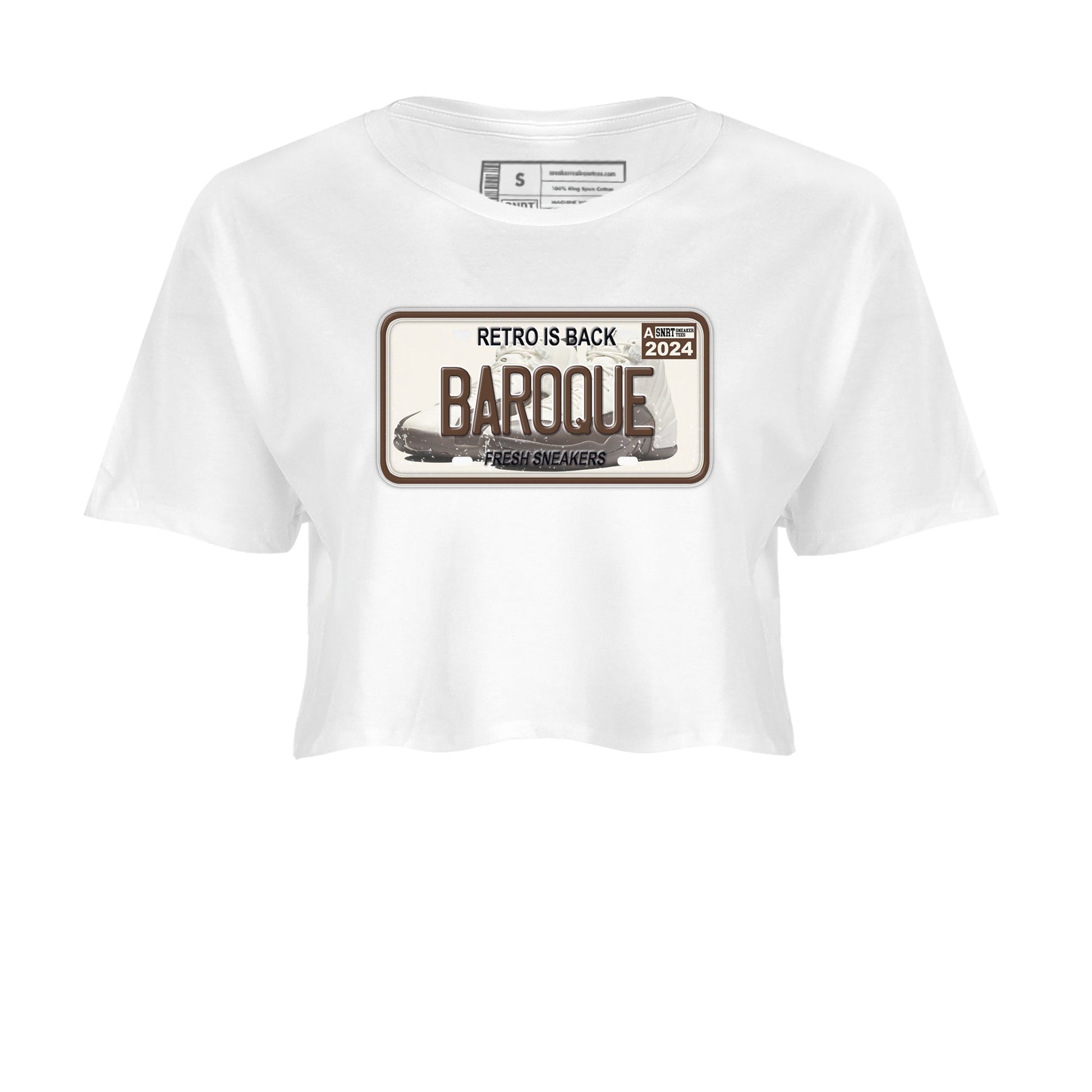AJ12 Baroque Brown shirts to match jordans Sneaker Plate best t shirts to wear with jordans SoleFly x Jordan 12 Baroque Brown match shoes to clothes SNRT Sneaker Tees unisex cotton White 2 crop tee