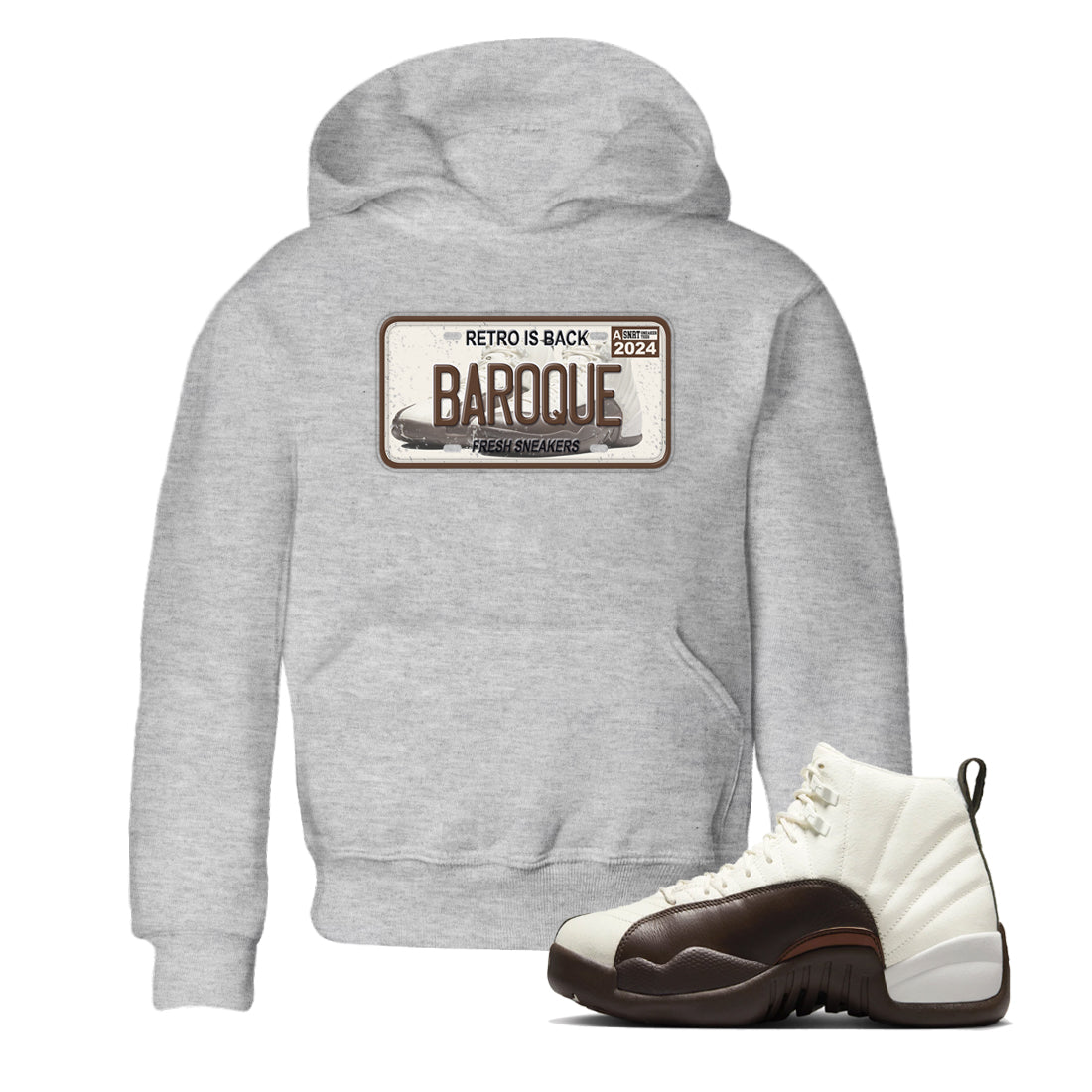 AJ12 Baroque Brown shirts to match jordans Sneaker Plate best t shirts to wear with jordans SoleFly x Jordan 12 Baroque Brown match shoes to clothes SNRT Sneaker Tees Youth Baby Heather Grey 1 tee