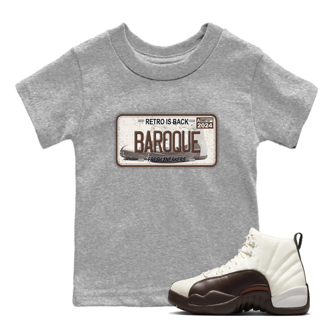 AJ12 Baroque Brown shirts to match jordans Sneaker Plate best t shirts to wear with jordans SoleFly x Jordan 12 Baroque Brown match shoes to clothes SNRT Sneaker Tees Youth Baby Heather Grey 1 tee