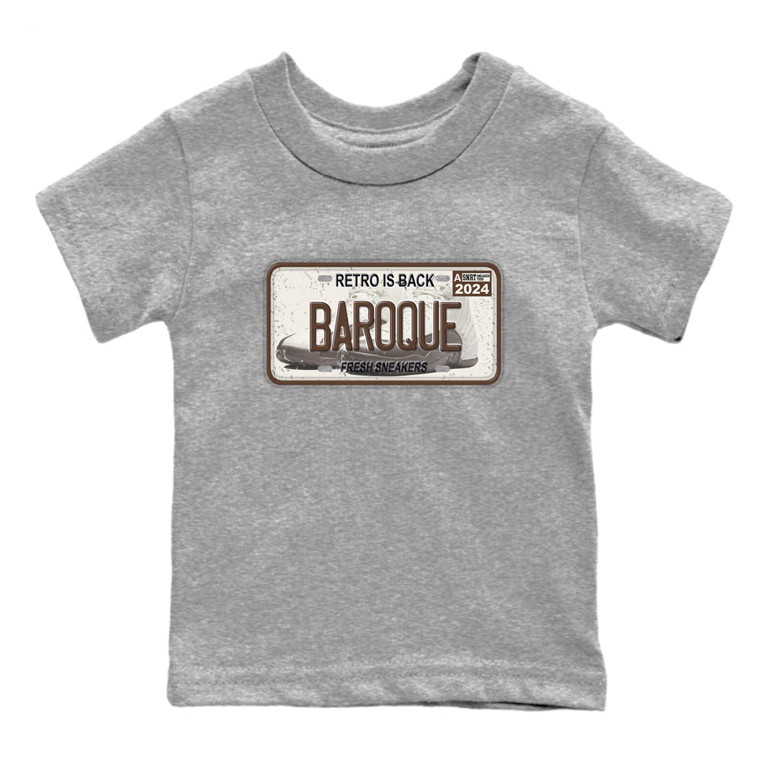 AJ12 Baroque Brown shirts to match jordans Sneaker Plate best t shirts to wear with jordans SoleFly x Jordan 12 Baroque Brown match shoes to clothes SNRT Sneaker Tees Youth Baby Heather Grey 2 tee