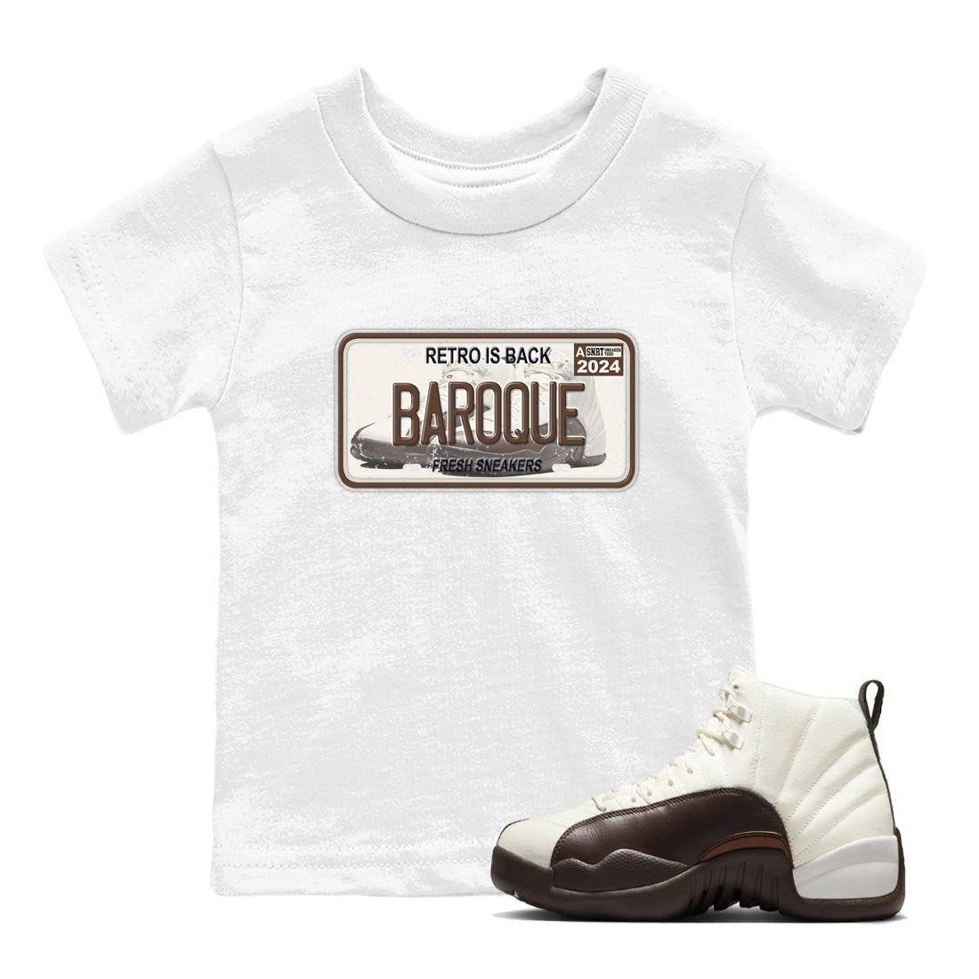 AJ12 Baroque Brown shirts to match jordans Sneaker Plate best t shirts to wear with jordans SoleFly x Jordan 12 Baroque Brown match shoes to clothes SNRT Sneaker Tees Youth Baby White 1 tee
