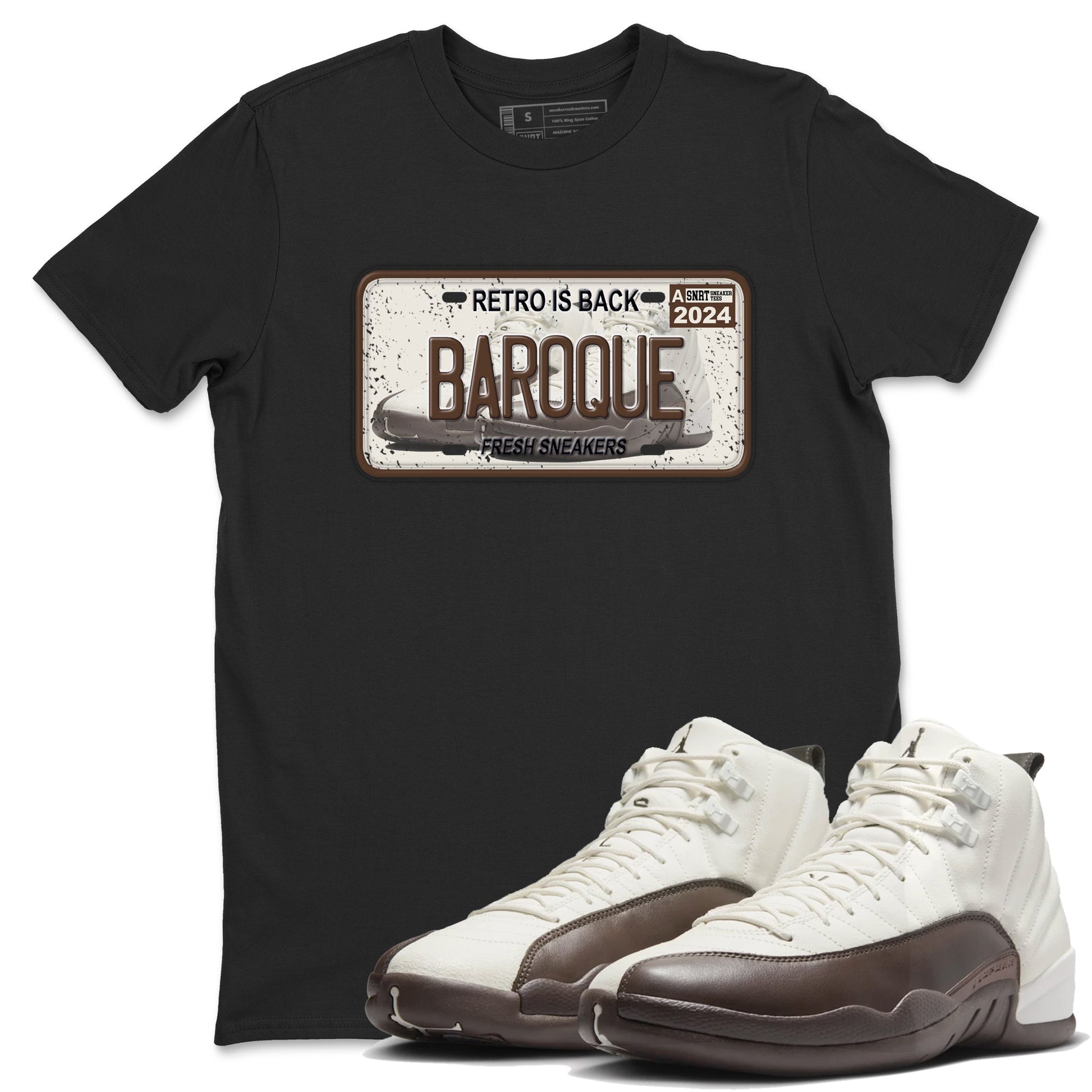 AJ12 Baroque Brown shirts to match jordans Sneaker Plate best t shirts to wear with jordans SoleFly x Jordan 12 Baroque Brown match shoes to clothes SNRT Sneaker Tees unisex cotton Black 1 shirts