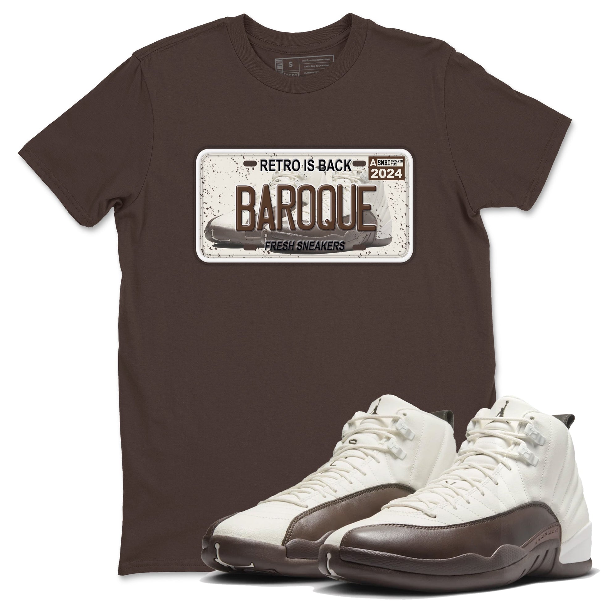 AJ12 Baroque Brown shirts to match jordans Sneaker Plate best t shirts to wear with jordans SoleFly x Jordan 12 Baroque Brown match shoes to clothes SNRT Sneaker Tees unisex cotton Dark Chocolate 1 shirts