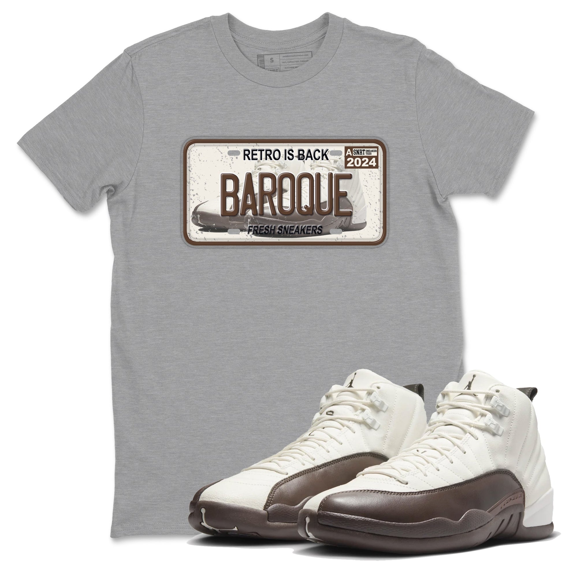 AJ12 Baroque Brown shirts to match jordans Sneaker Plate best t shirts to wear with jordans SoleFly x Jordan 12 Baroque Brown match shoes to clothes SNRT Sneaker Tees unisex cotton Heather Grey 1 shirts