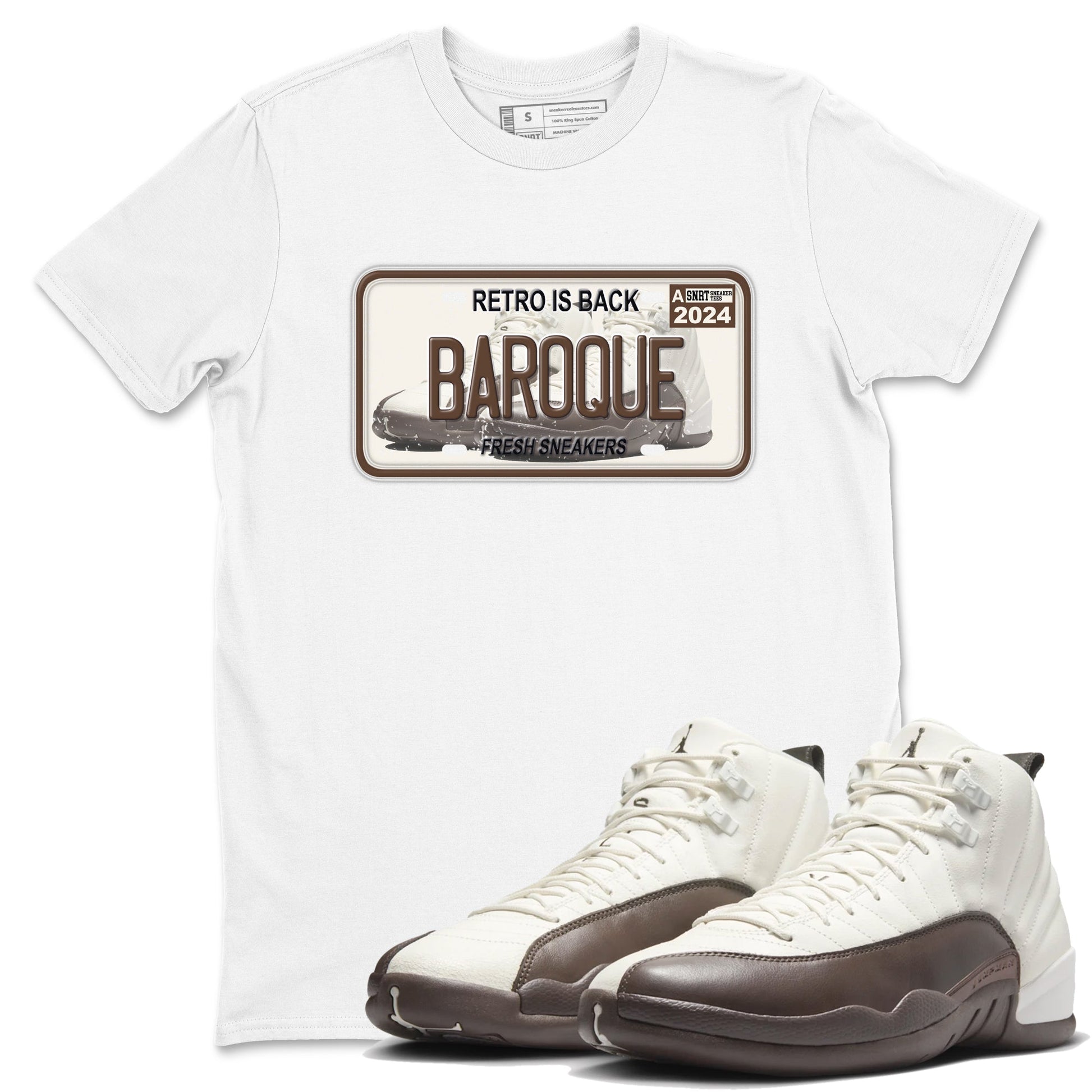 AJ12 Baroque Brown shirts to match jordans Sneaker Plate best t shirts to wear with jordans SoleFly x Jordan 12 Baroque Brown match shoes to clothes SNRT Sneaker Tees unisex cotton White 1 shirts