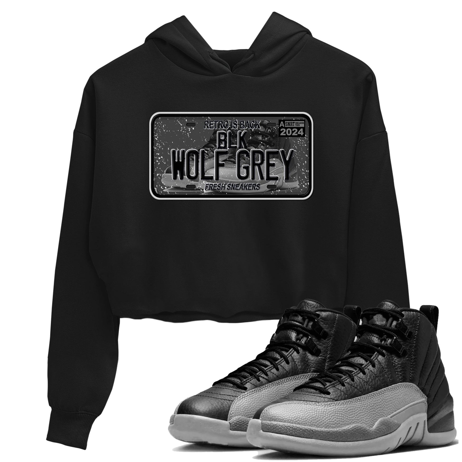 12s Black Wolf Grey shirts to match jordans Sneaker Plate sneaker match tees Air Jordan 12 Barons match shoes to clothes SNRT Sneaker Tees unisex cotton Black 1 crop tee