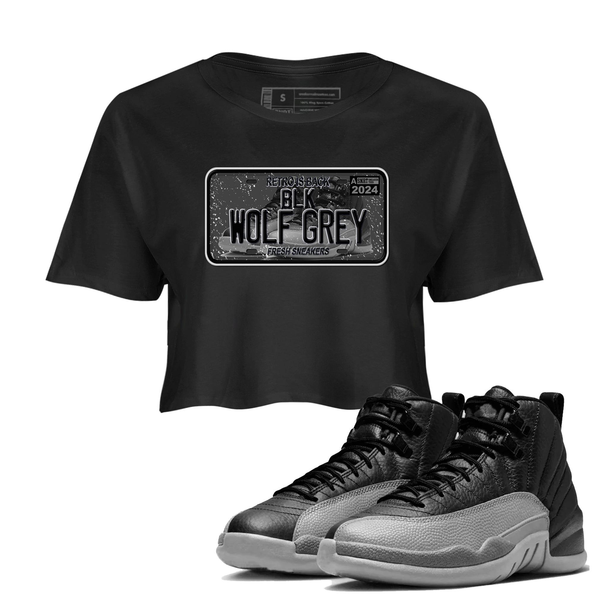 12s Black Wolf Grey shirts to match jordans Sneaker Plate sneaker match tees Air Jordan 12 Barons match shoes to clothes SNRT Sneaker Tees unisex cotton Black 1 crop tee