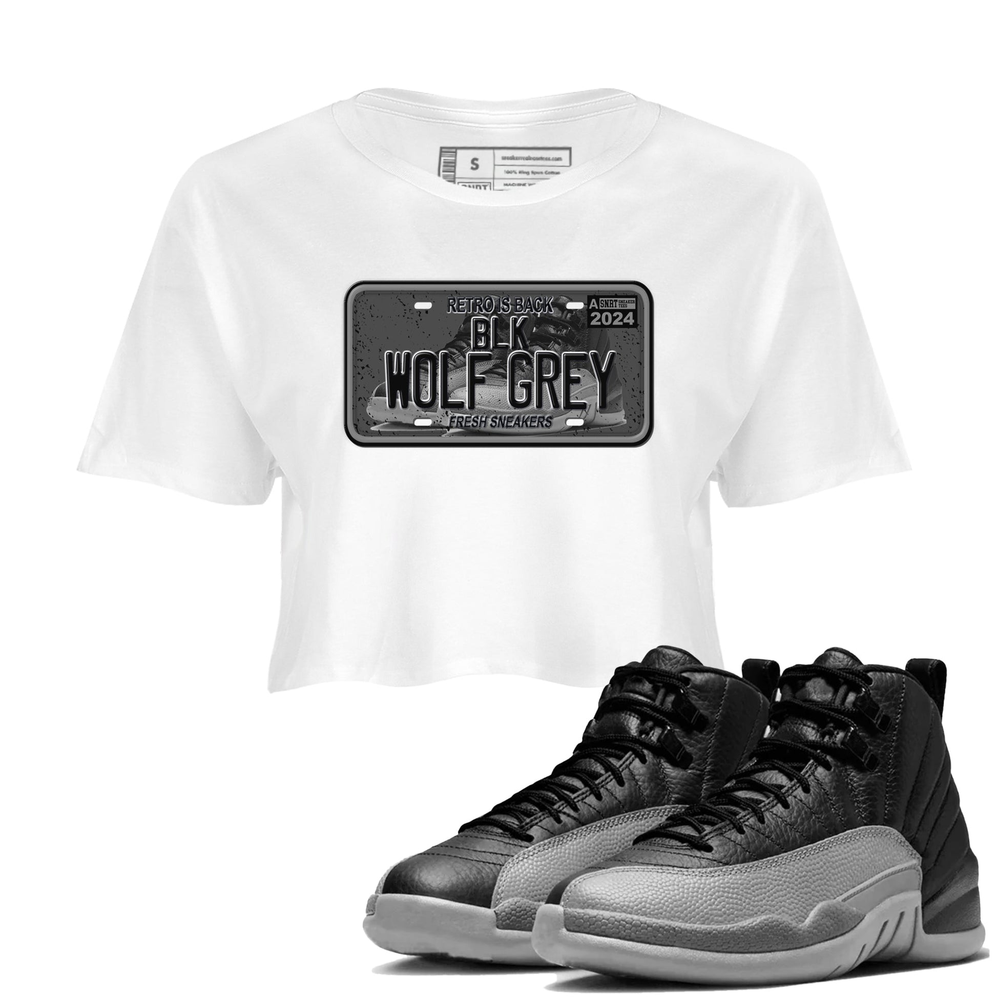 12s Black Wolf Grey shirts to match jordans Sneaker Plate sneaker match tees Air Jordan 12 Barons match shoes to clothes SNRT Sneaker Tees unisex cotton White 1 crop tee