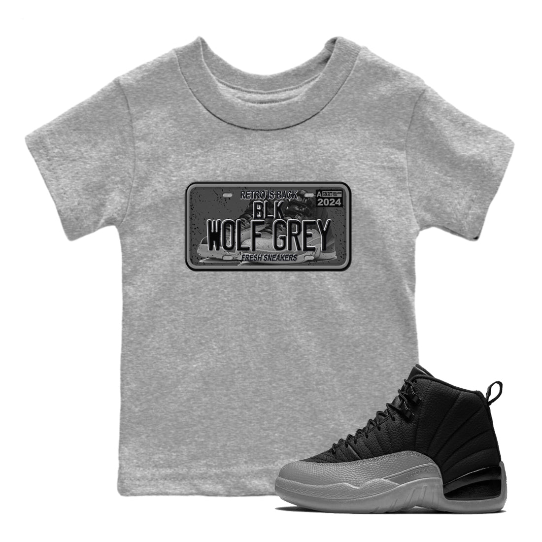 12s Black Wolf Grey shirts to match jordans Sneaker Plate sneaker match tees Air Jordan 12 Barons match shoes to clothes SNRT Sneaker Tees Youth Baby Heather Grey 1 tee