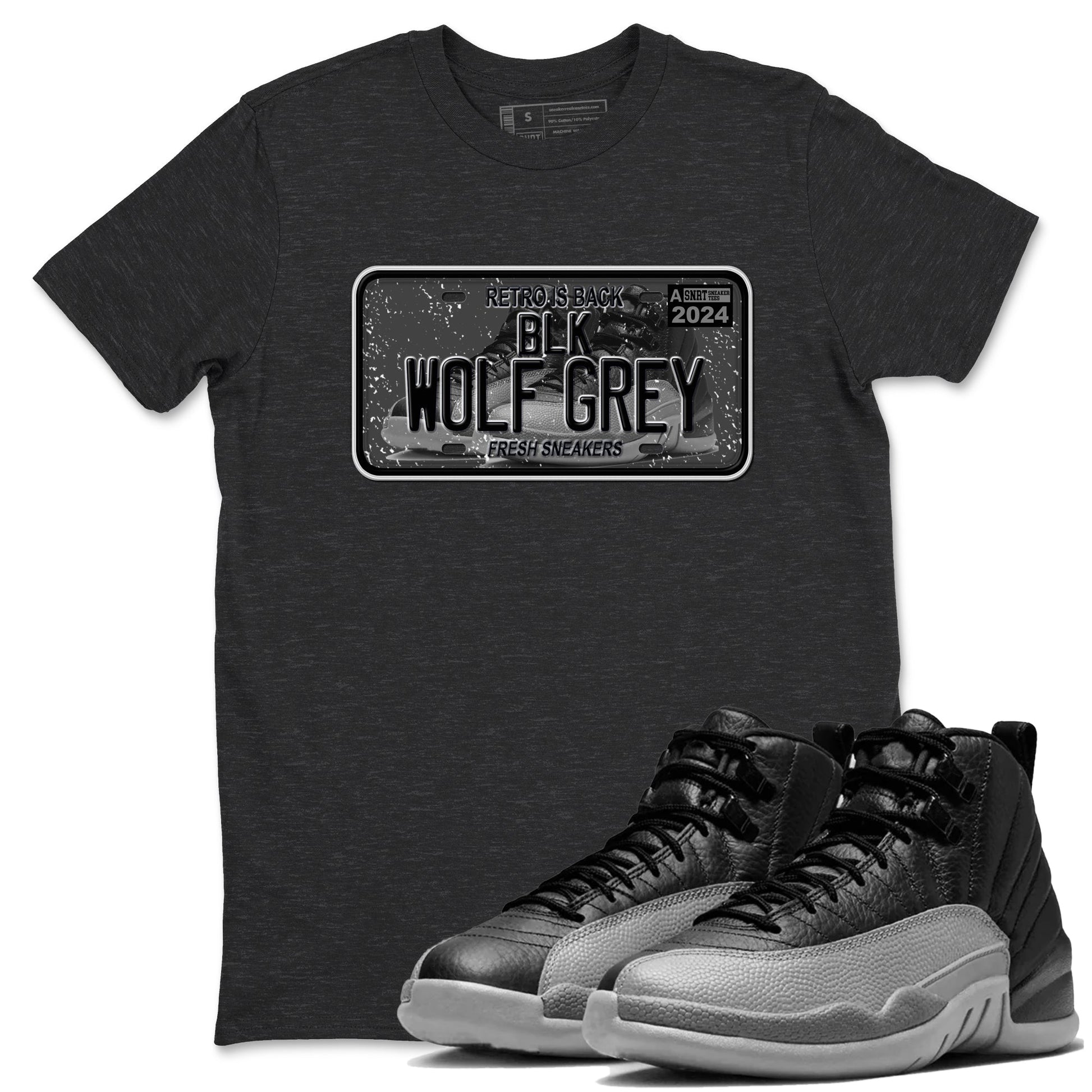 12s Black Wolf Grey shirts to match jordans Sneaker Plate sneaker match tees Air Jordan 12 Barons match shoes to clothes SNRT Sneaker Tees unisex cotton Charcoal Heather 1 shirts