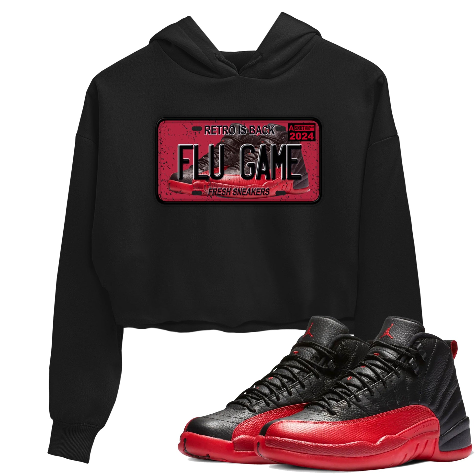 Air Jordan 12 Flu Game shirts to match jordans Sneaker Plate sneaker match tees Air Jordan 12 Flu Game match shoes to clothes SNRT Sneaker Tees unisex cotton Black 1 crop tee
