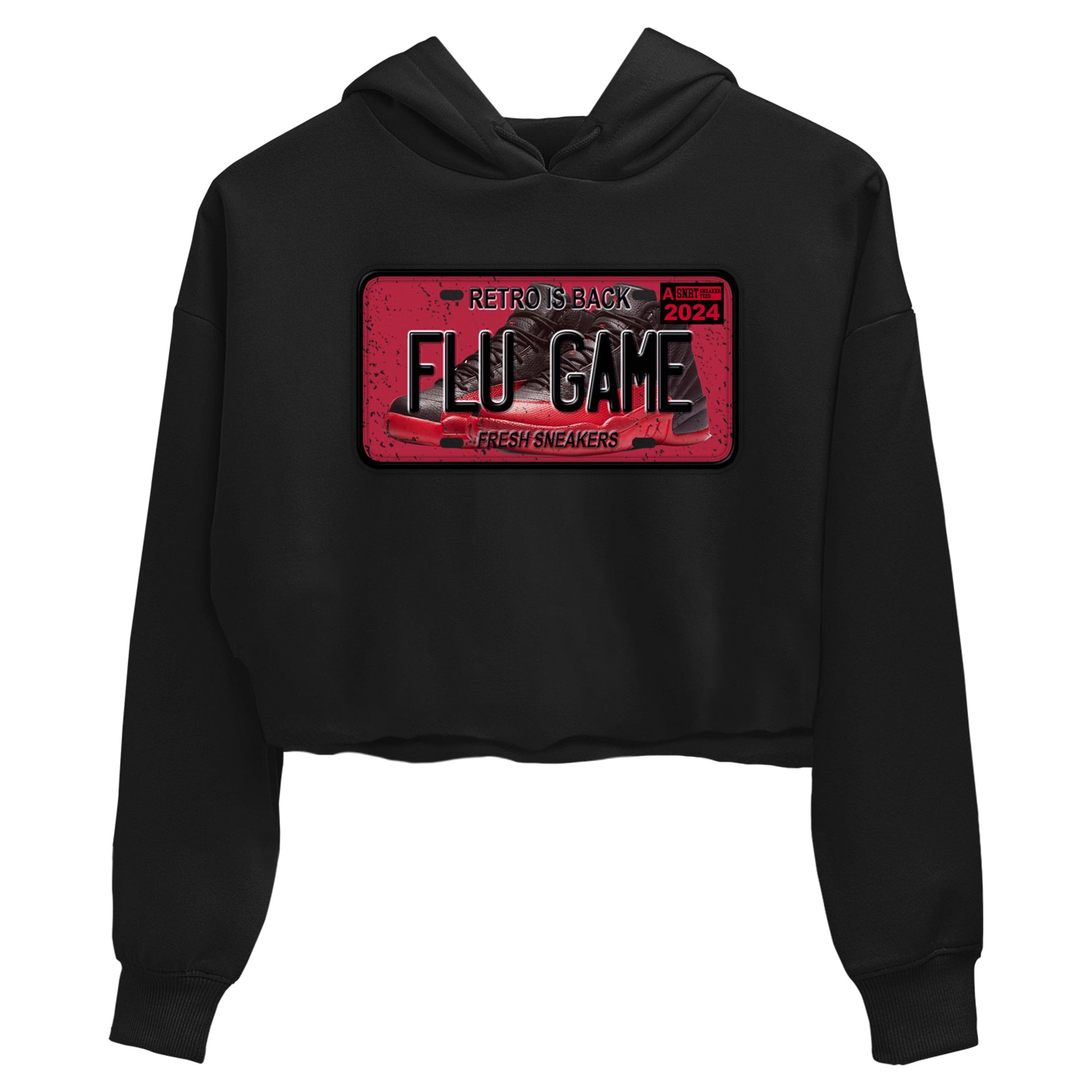 Air Jordan 12 Flu Game shirts to match jordans Sneaker Plate sneaker match tees Air Jordan 12 Flu Game match shoes to clothes SNRT Sneaker Tees unisex cotton Black 2 crop tee