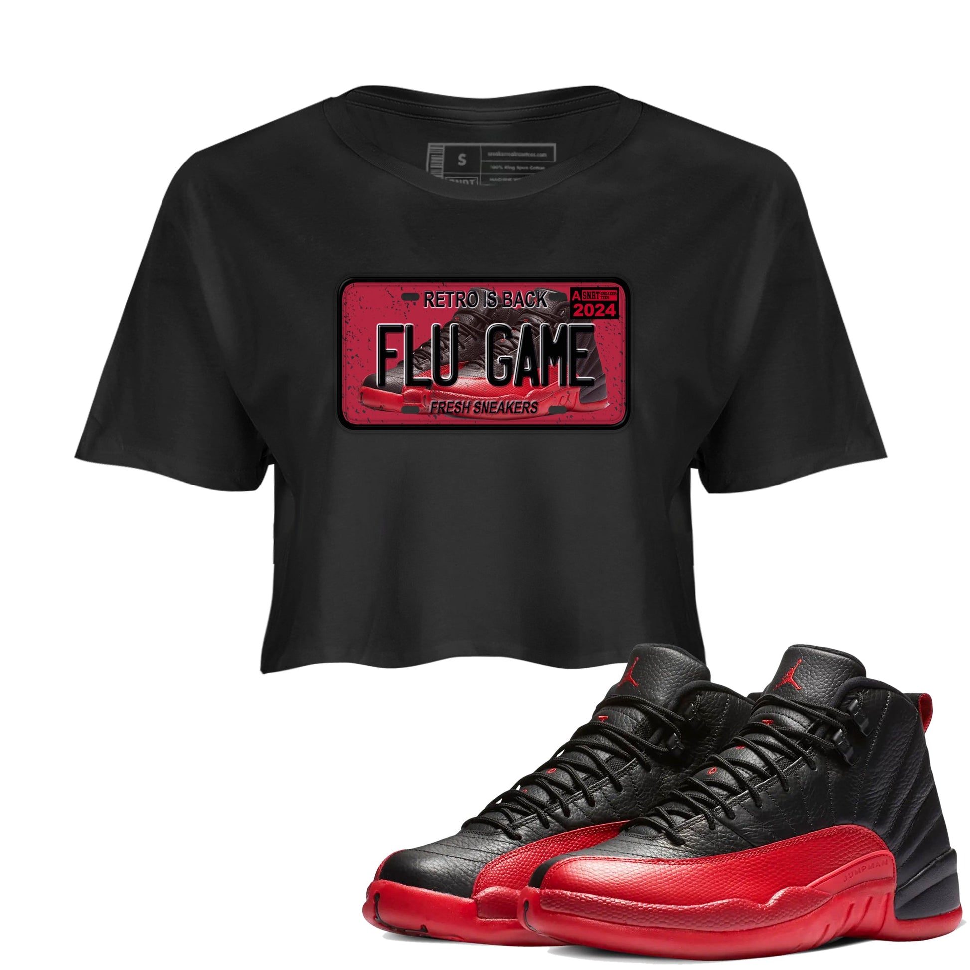 Air Jordan 12 Flu Game shirts to match jordans Sneaker Plate sneaker match tees Air Jordan 12 Flu Game match shoes to clothes SNRT Sneaker Tees unisex cotton Black 1 crop tee