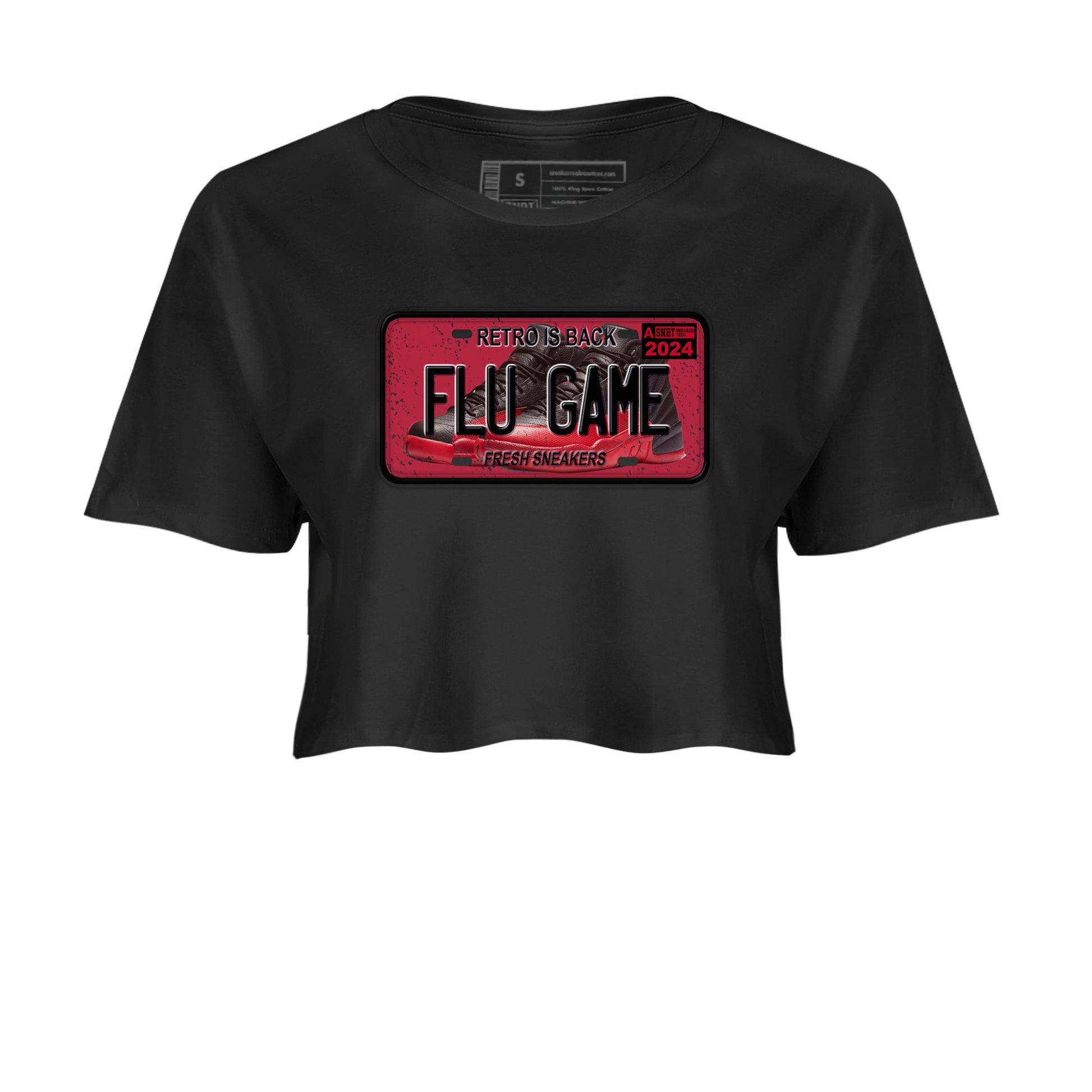 Air Jordan 12 Flu Game shirts to match jordans Sneaker Plate sneaker match tees Air Jordan 12 Flu Game match shoes to clothes SNRT Sneaker Tees unisex cotton Black 2 crop tee