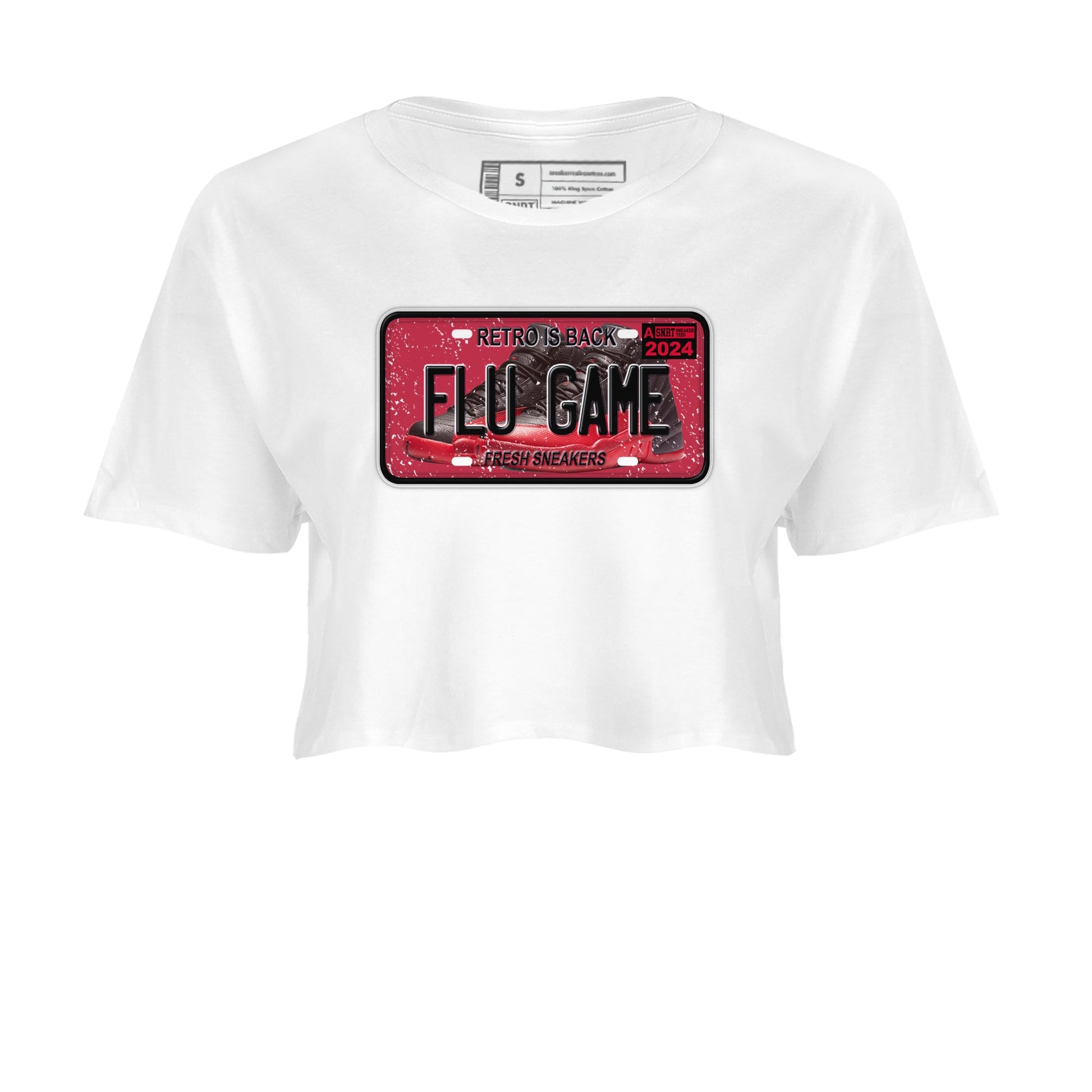 Air Jordan 12 Flu Game shirts to match jordans Sneaker Plate sneaker match tees Air Jordan 12 Flu Game match shoes to clothes SNRT Sneaker Tees unisex cotton White 2 crop tee
