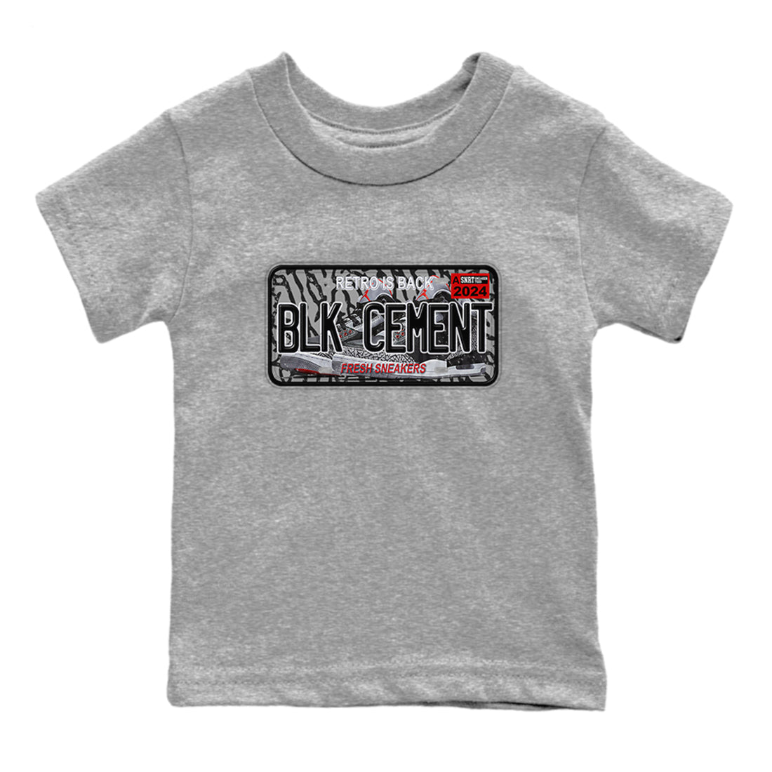 3s Black Cement shirts to match jordans Sneaker Plate sneaker match tees Air Jordan 3 Black Cement SNRT Sneaker Release Tees Youth Baby Heather Grey 2 crew neck shirts