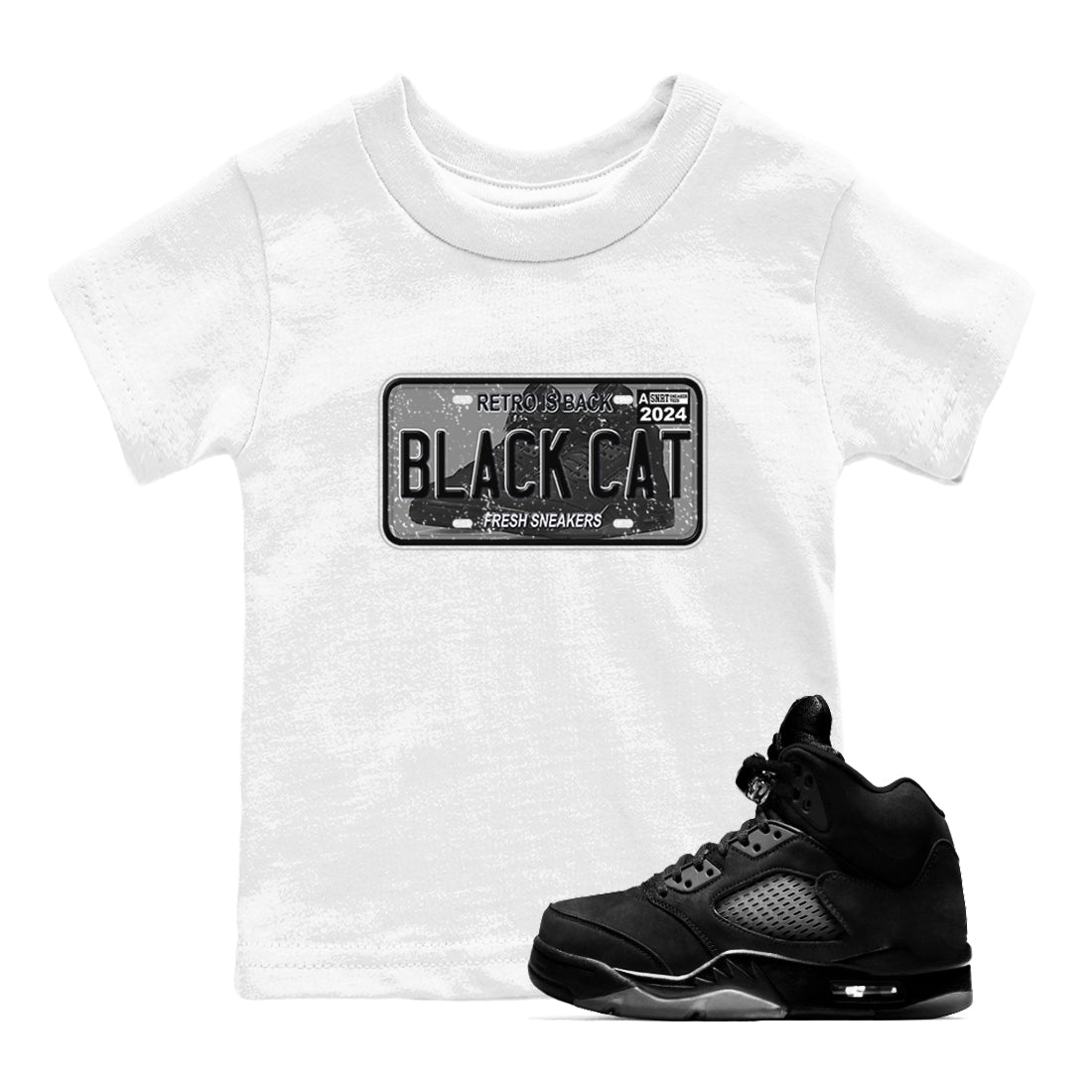 5s Black Cat shirts to match jordans Sneaker Plate sneaker match tees Air Jordan 5 Black Cat SNRT Sneaker Release Tees Youth Baby White 1 crew neck shirts