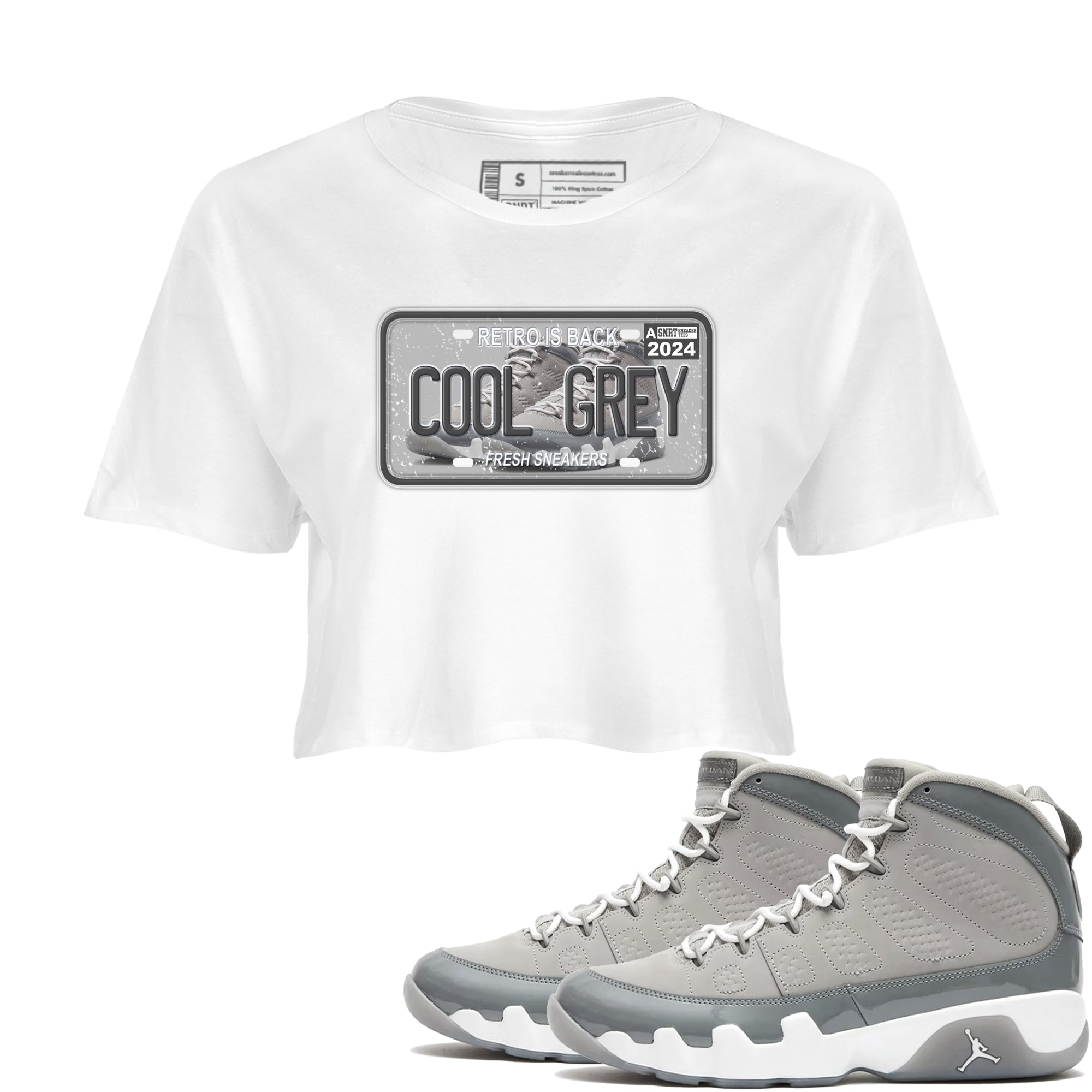9s Cool Grey shirts to match jordans Sneaker Plate sneaker match tees Air Jordan 9 Retro Cool Grey match shoes to clothes SNRT Sneaker Tees unisex cotton White 1 crop tee