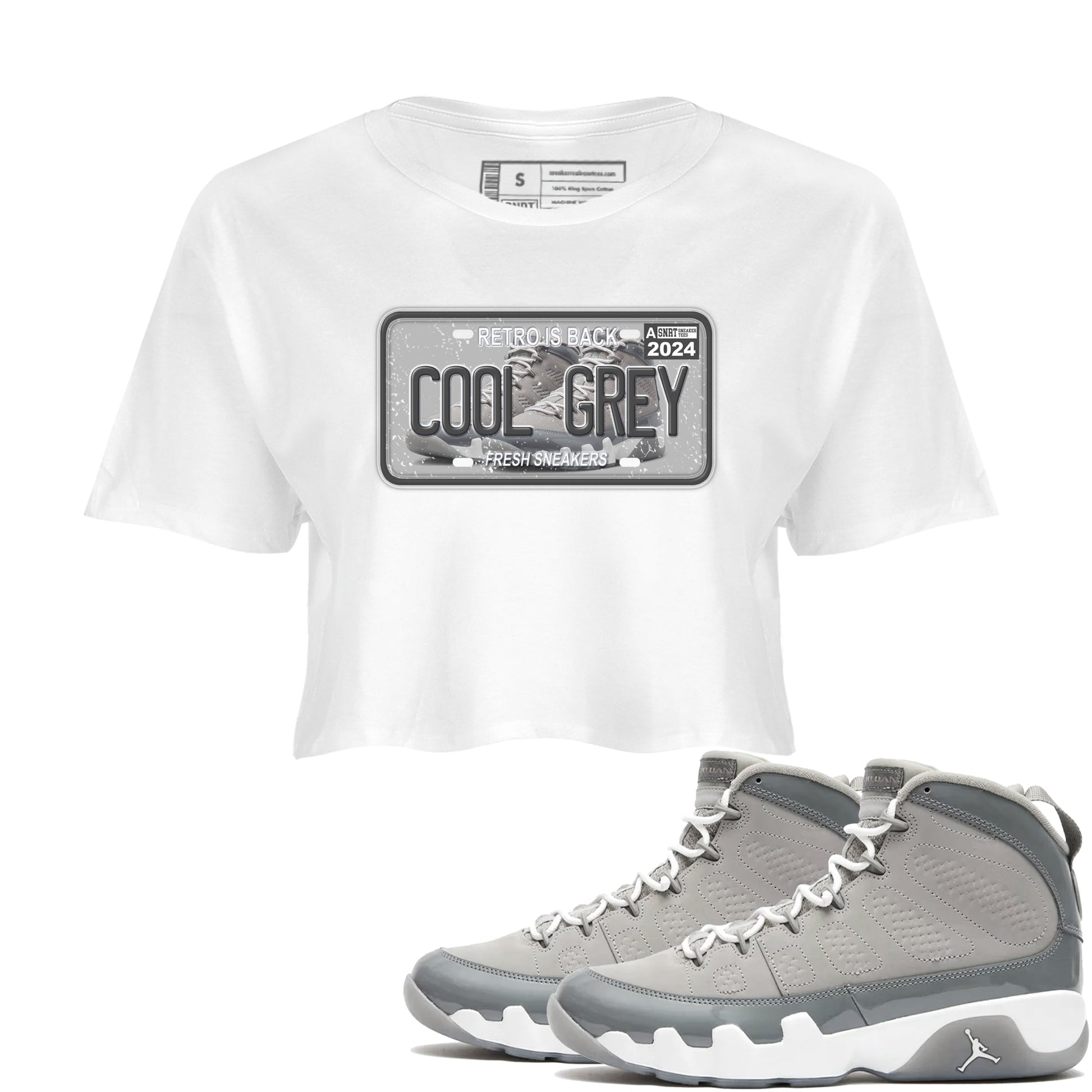 9s Cool Grey shirts to match jordans Sneaker Plate sneaker match tees Air Jordan 9 Retro Cool Grey match shoes to clothes SNRT Sneaker Tees unisex cotton White 1 crop tee