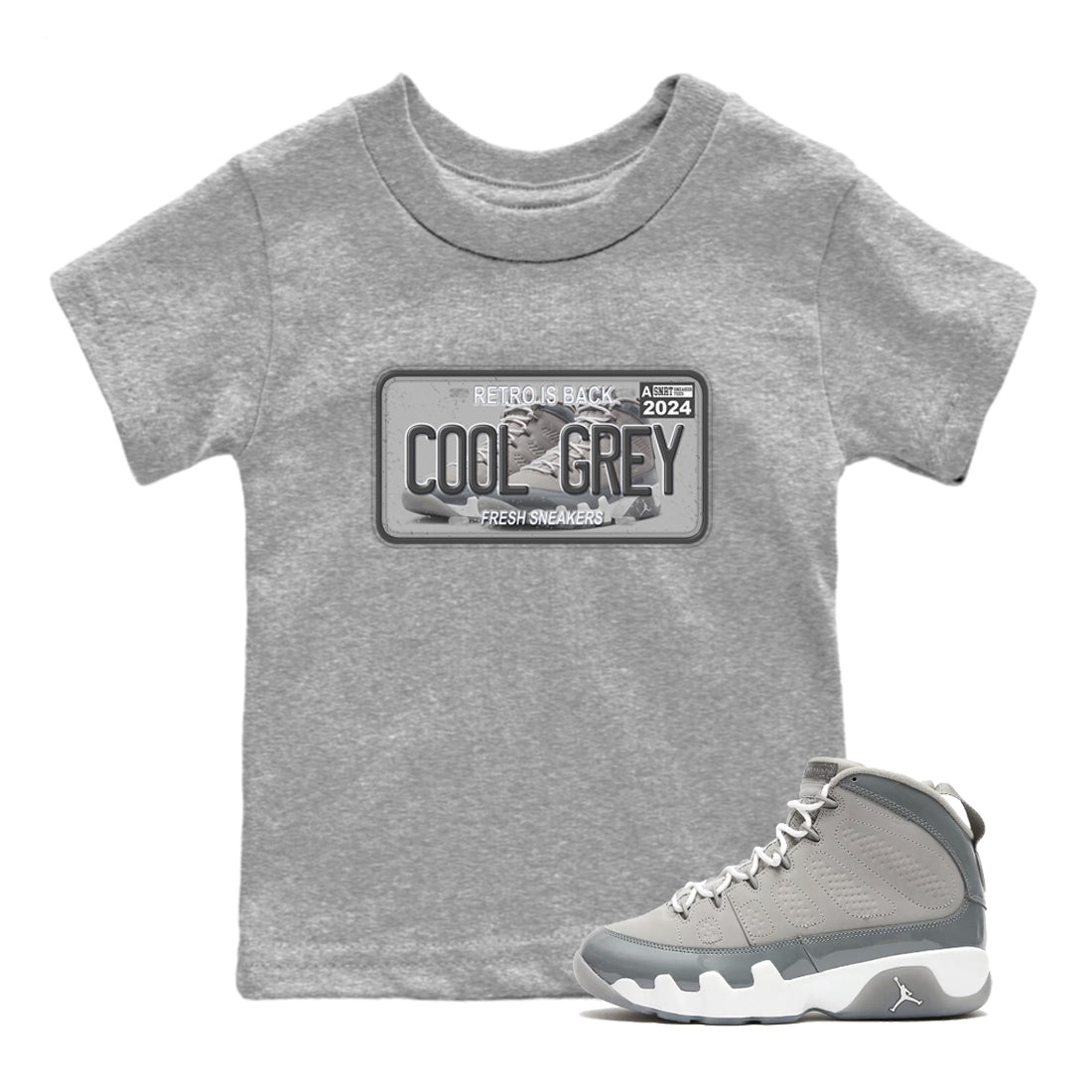 9s Cool Grey shirts to match jordans Sneaker Plate sneaker match tees Air Jordan 9 Retro Cool Grey match shoes to clothes SNRT Sneaker Tees Youth Baby Heather Grey 1 tee