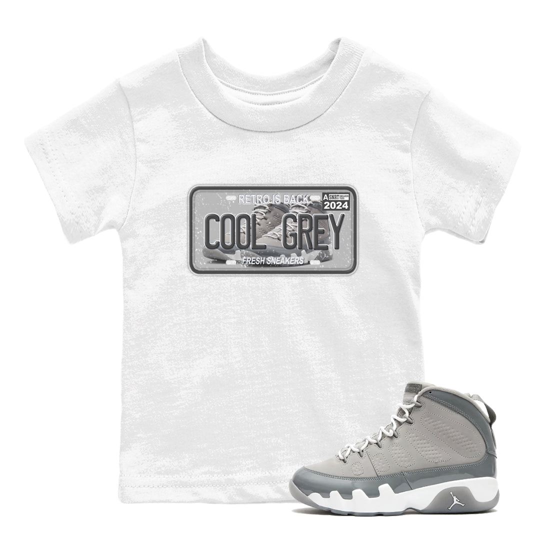 9s Cool Grey shirts to match jordans Sneaker Plate sneaker match tees Air Jordan 9 Retro Cool Grey match shoes to clothes SNRT Sneaker Tees Youth Baby White 1 tee