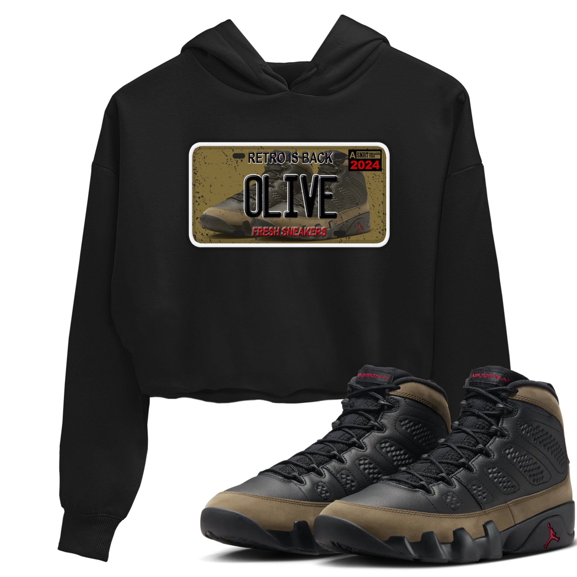 9s Olive shirts to match jordans Sneaker Plate sneaker match tees Air Jordan 9 Olive match shoes to clothes SNRT Sneaker Tees unisex cotton Black 1 crop tee