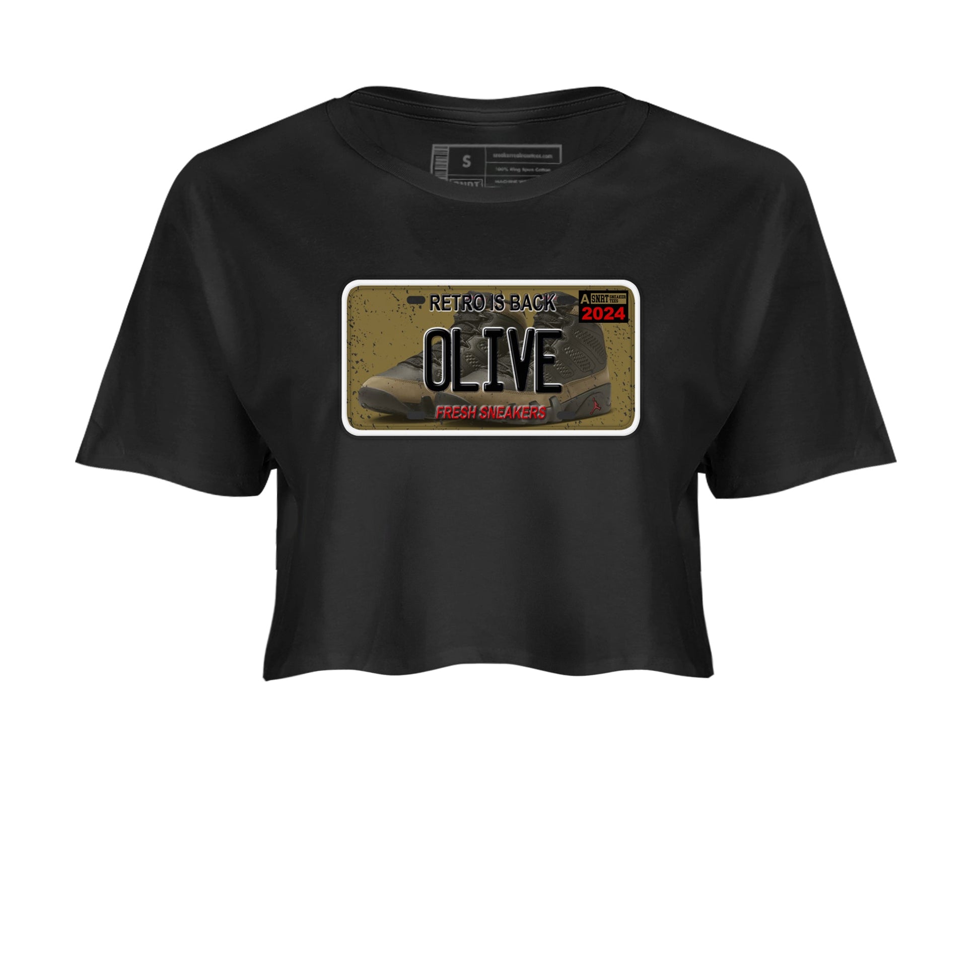 9s Olive shirts to match jordans Sneaker Plate sneaker match tees Air Jordan 9 Olive match shoes to clothes SNRT Sneaker Tees unisex cotton Black 2 crop tee