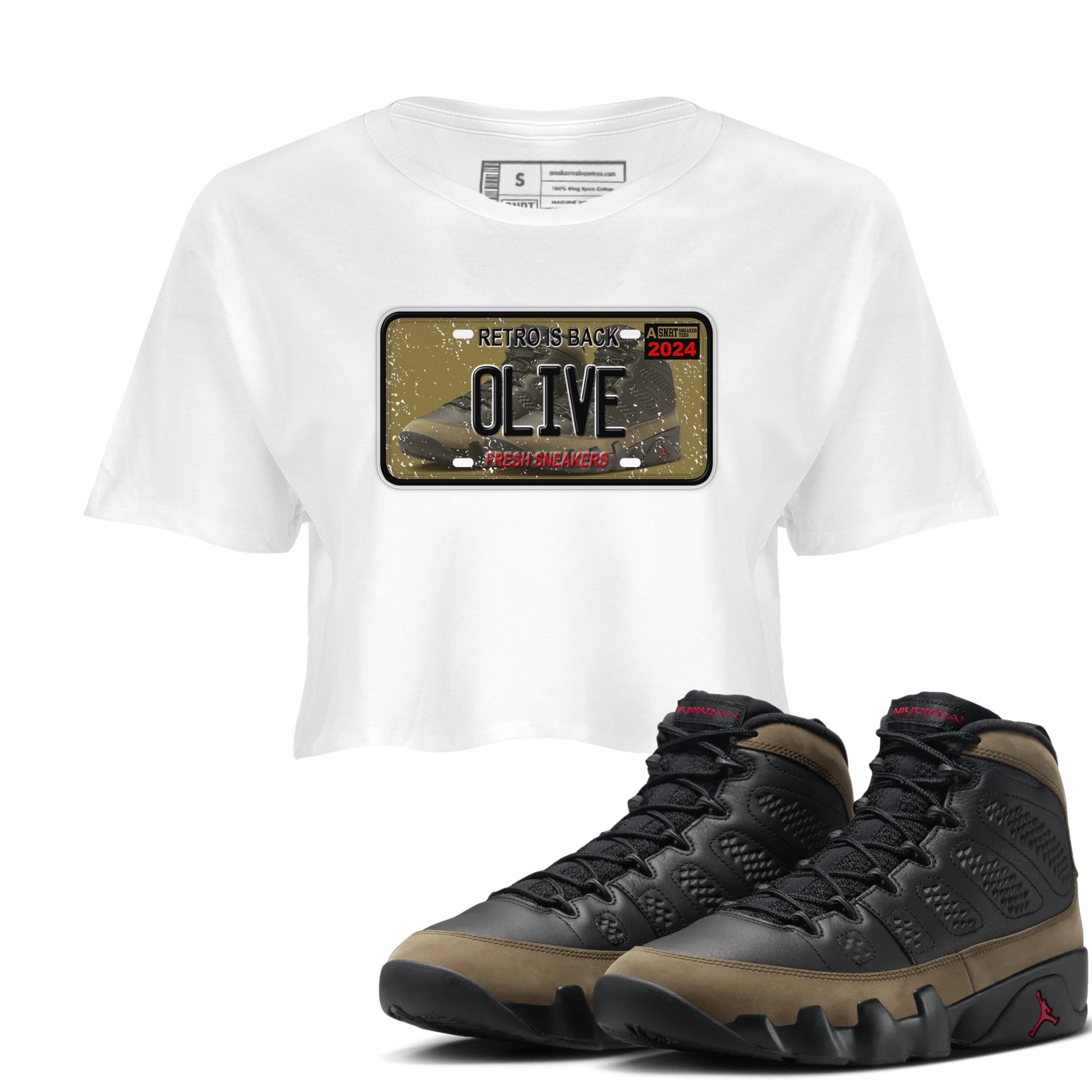 9s Olive shirts to match jordans Sneaker Plate sneaker match tees Air Jordan 9 Olive match shoes to clothes SNRT Sneaker Tees unisex cotton White 1 crop tee