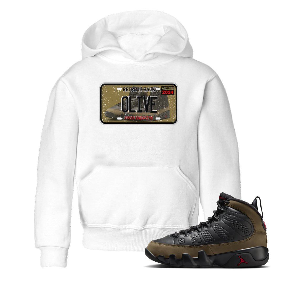 9s Olive shirts to match jordans Sneaker Plate sneaker match tees Air Jordan 9 Olive match shoes to clothes SNRT Sneaker Tees Youth Baby White 1 tee