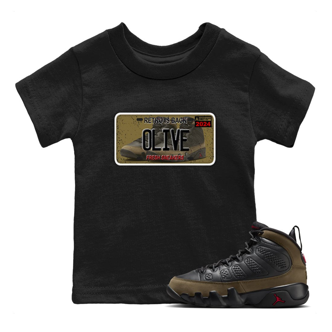 9s Olive shirts to match jordans Sneaker Plate sneaker match tees Air Jordan 9 Olive match shoes to clothes SNRT Sneaker Tees Youth Baby Black 1 tee