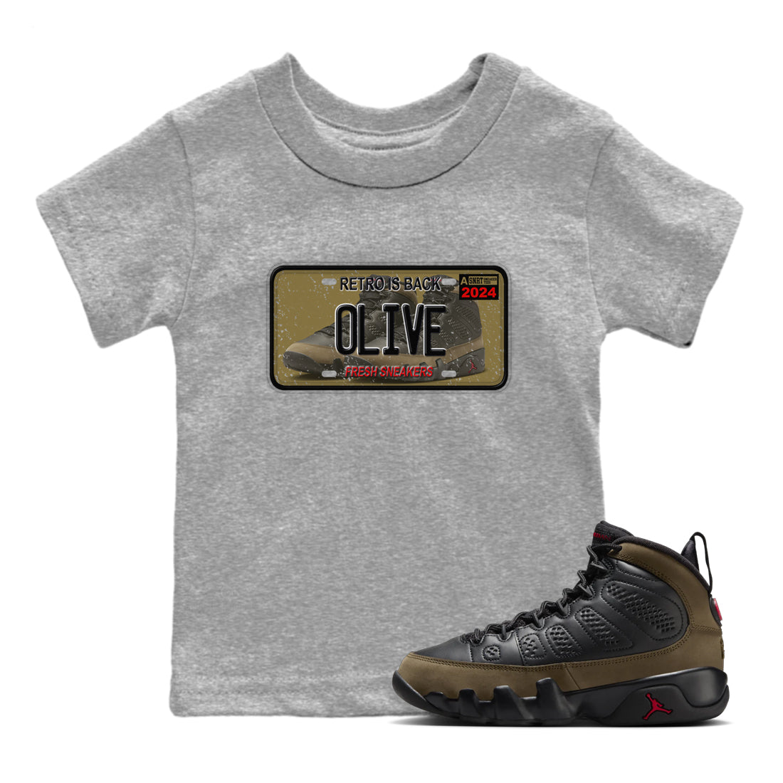 9s Olive shirts to match jordans Sneaker Plate sneaker match tees Air Jordan 9 Olive match shoes to clothes SNRT Sneaker Tees Youth Baby Heather Grey 1 tee