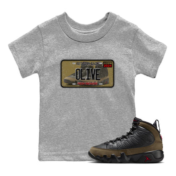 9s Olive shirts to match jordans Sneaker Plate sneaker match tees Air Jordan 9 Olive match shoes to clothes SNRT Sneaker Tees Youth Baby Heather Grey 1 tee