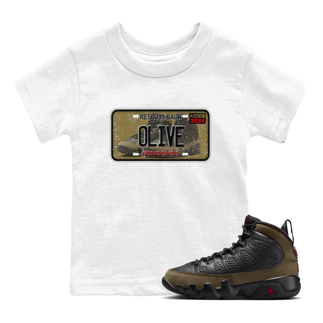 9s Olive shirts to match jordans Sneaker Plate sneaker match tees Air Jordan 9 Olive match shoes to clothes SNRT Sneaker Tees Youth Baby White 1 tee
