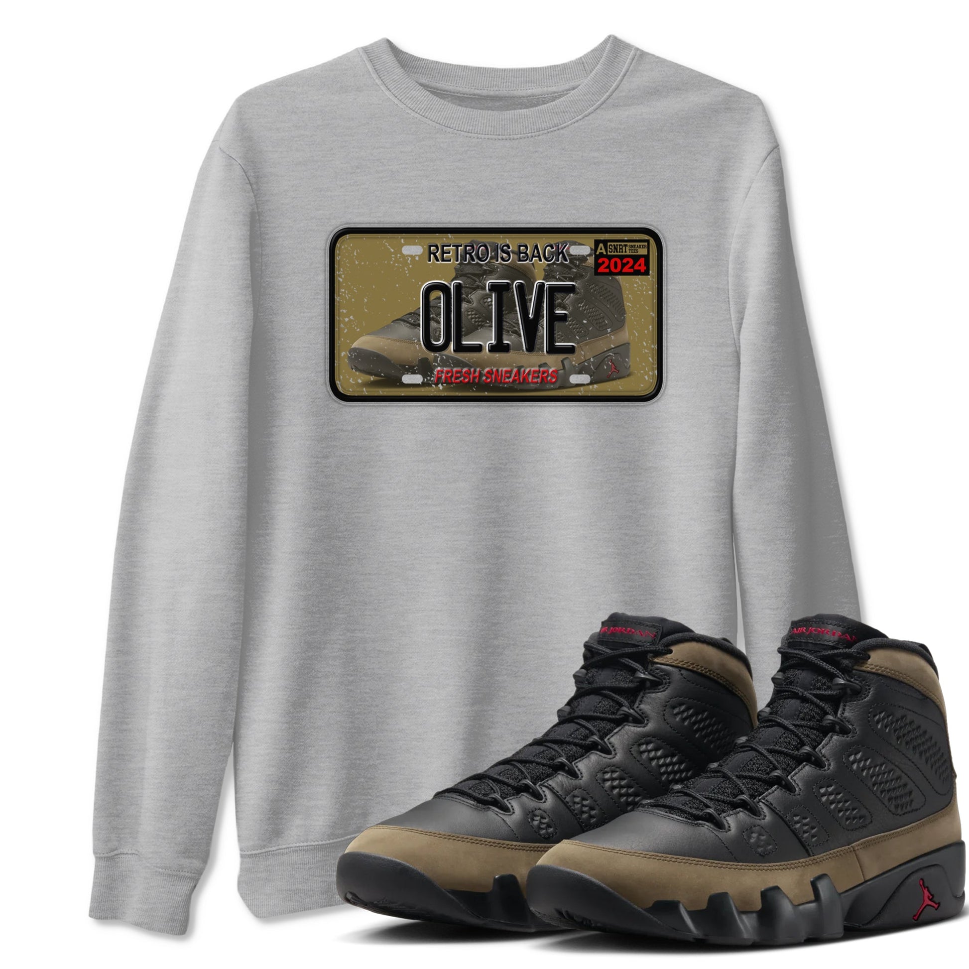 9s Olive shirts to match jordans Sneaker Plate sneaker match tees Air Jordan 9 Olive match shoes to clothes SNRT Sneaker Tees unisex cotton Heather Grey 1 shirts