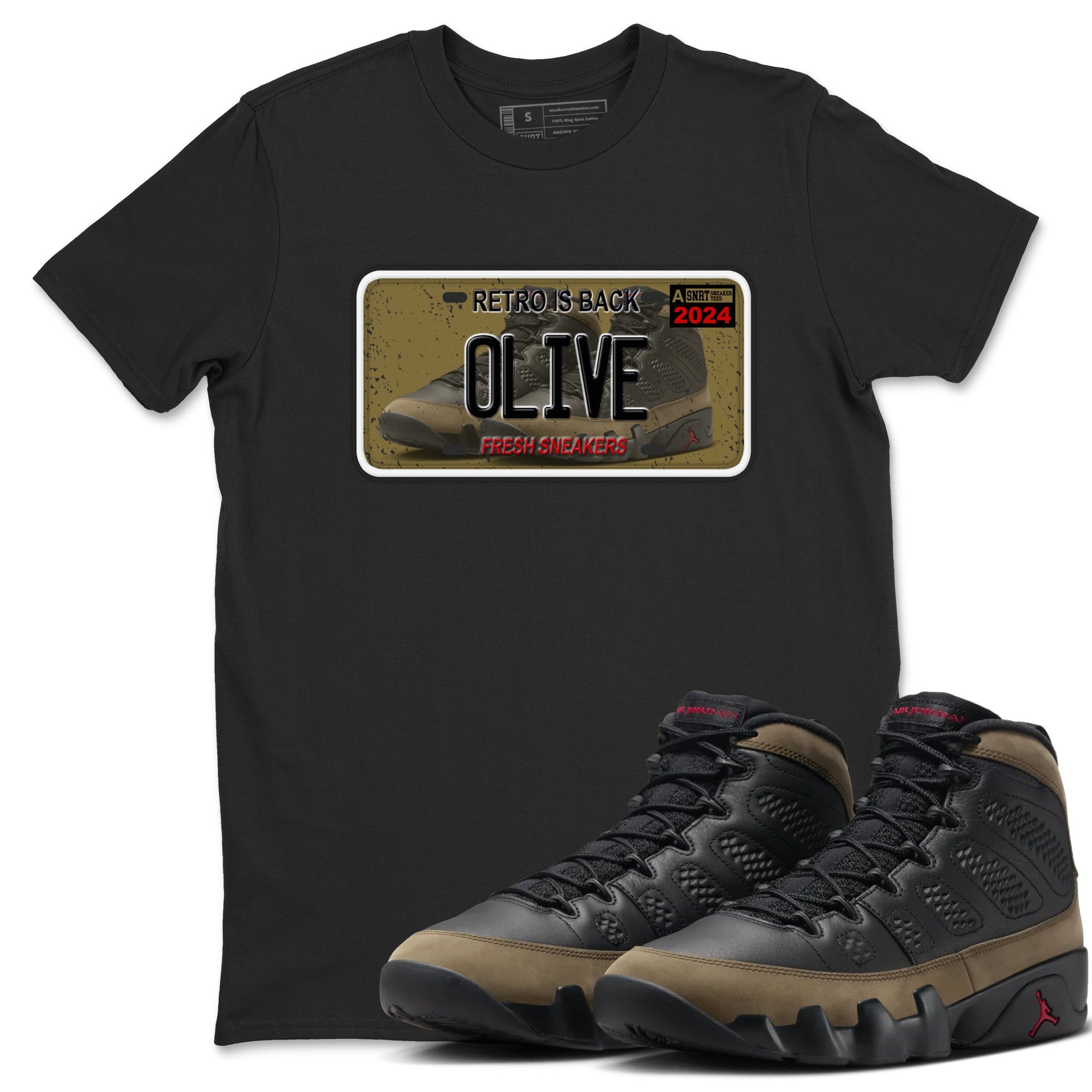 9s Olive shirts to match jordans Sneaker Plate sneaker match tees Air Jordan 9 Olive match shoes to clothes SNRT Sneaker Tees unisex cotton Black 1 shirts